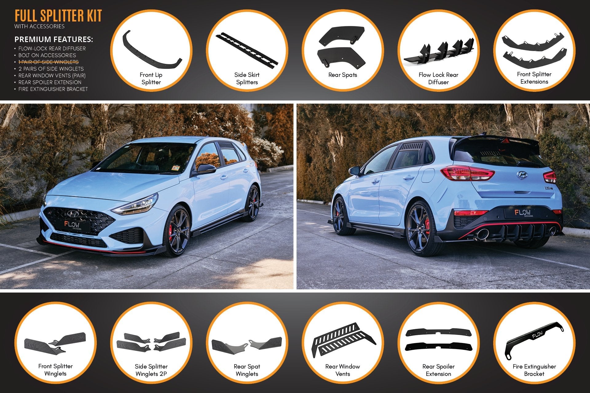 FLOW Designs  i30N Hatch PD FL 2021 Full Lip Splitter Set - MODE Auto Concepts