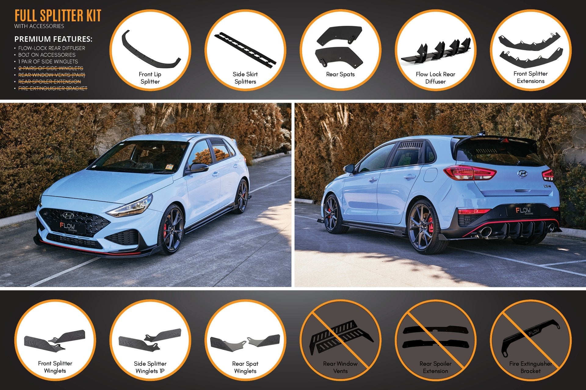 FLOW Designs  i30N Hatch PD FL 2021 Full Lip Splitter Set - MODE Auto Concepts
