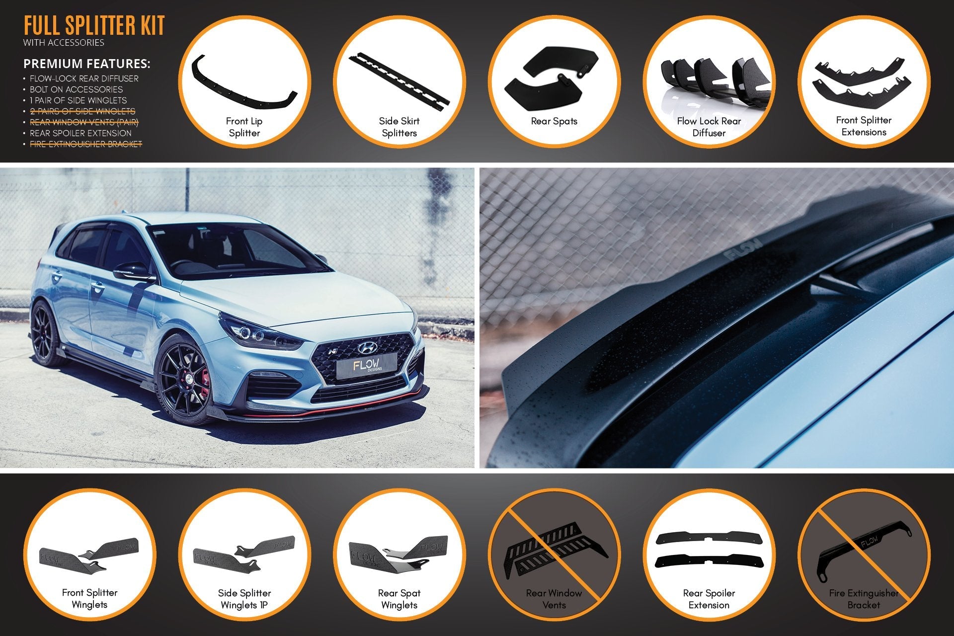 FLOW Designs  i30N Hatch PD (2018-2020) Full Lip Splitter Set - MODE Auto Concepts