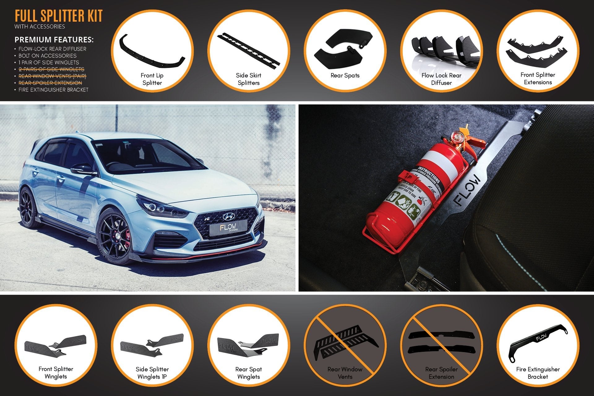 FLOW Designs  i30N Hatch PD (2018-2020) Full Lip Splitter Set - MODE Auto Concepts