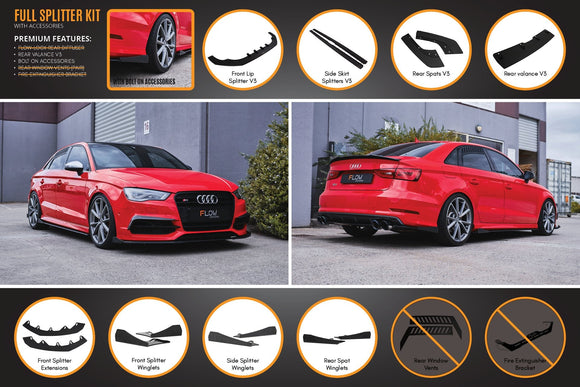 FLOW Designs  S3 8V Sedan Pre-Facelift V3 Full Lip Splitter Set - MODE Auto Concepts