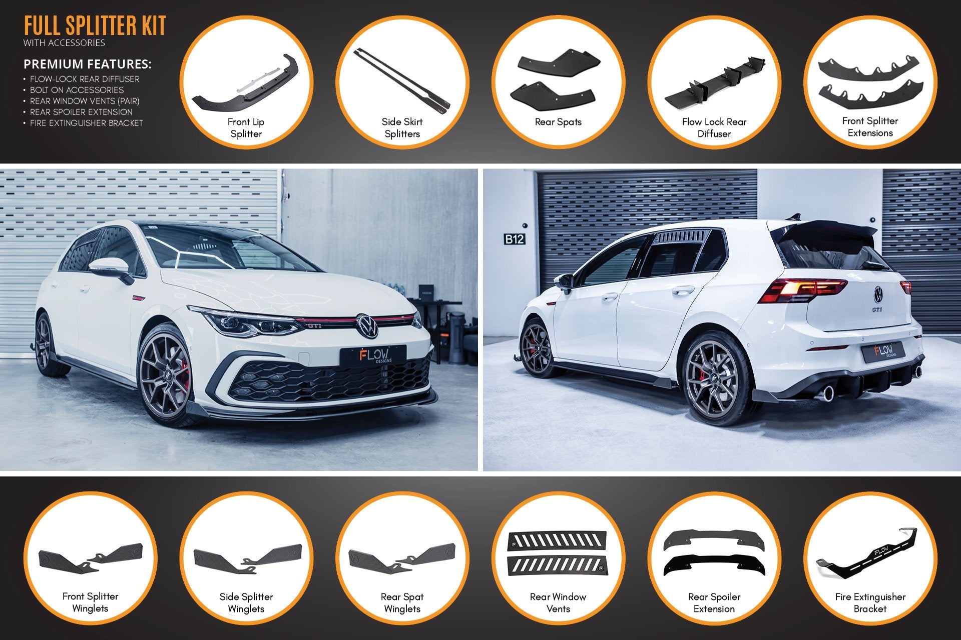 FLOW Designs  MK8 Golf GTI Full Lip Splitter Set - MODE Auto Concepts