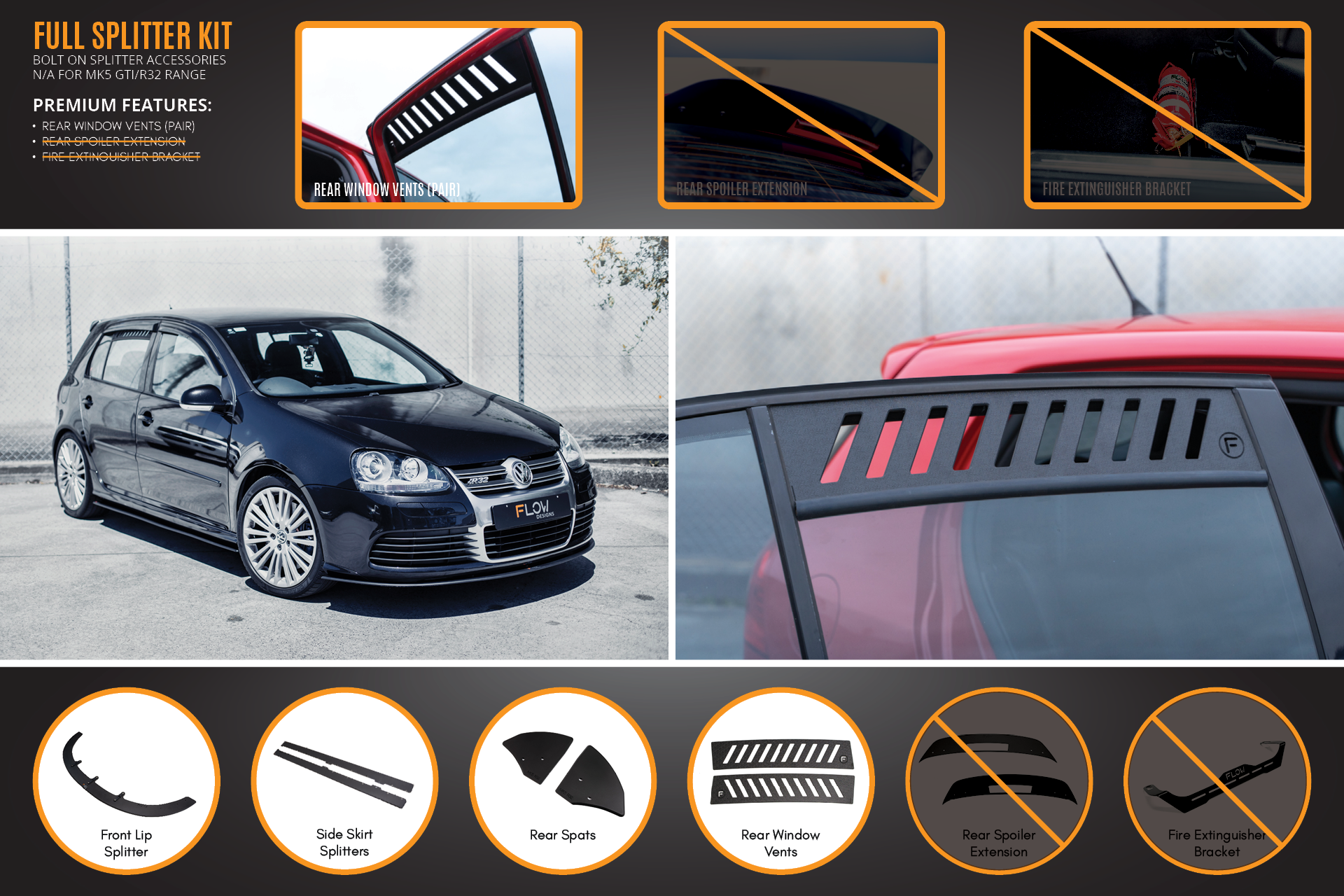 FLOW Designs  MK5 Golf R32 Full Lip Splitter Set - MODE Auto Concepts
