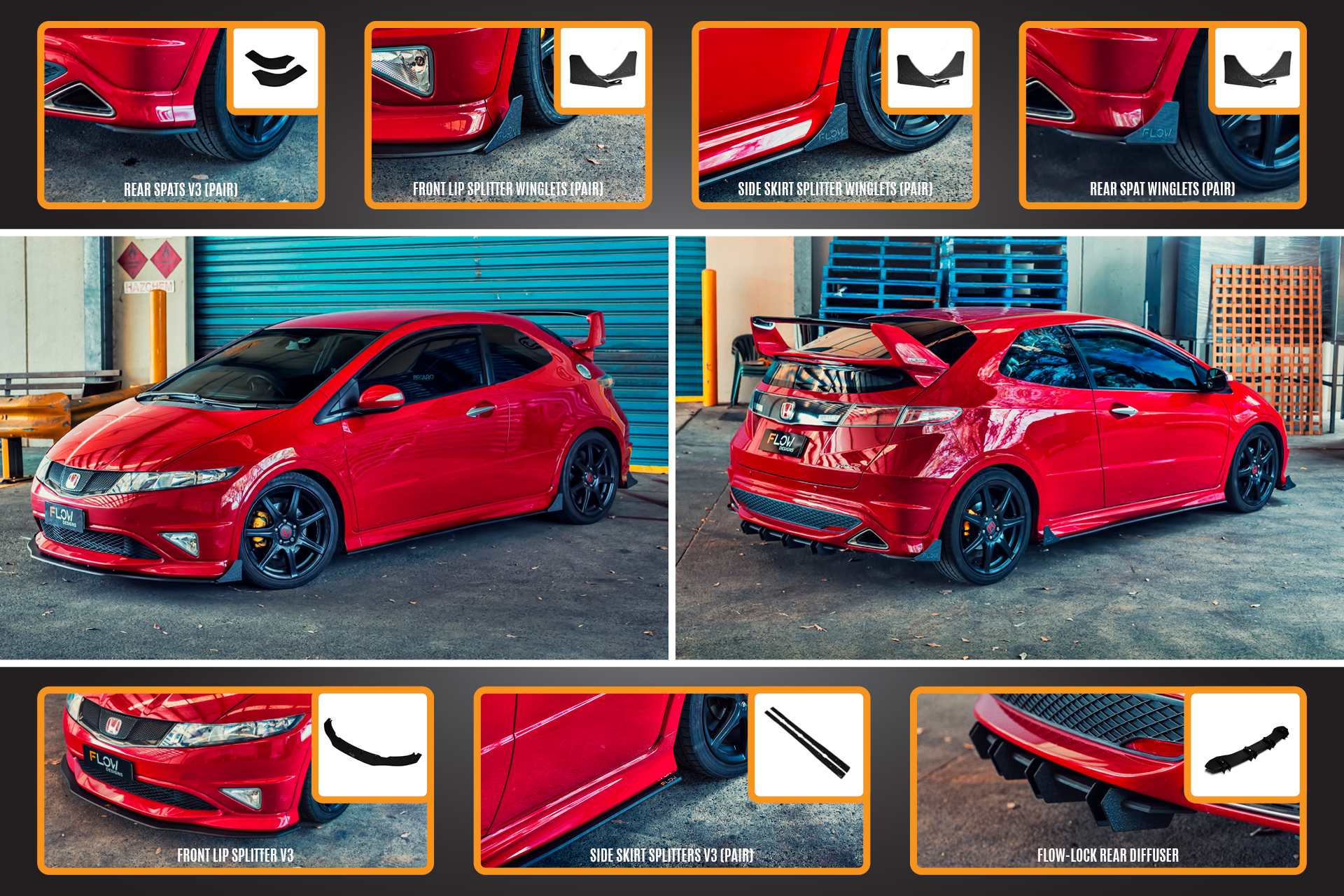 FLOW Designs  FN2 Civic Type R Full Lip Splitter Set - MODE Auto Concepts