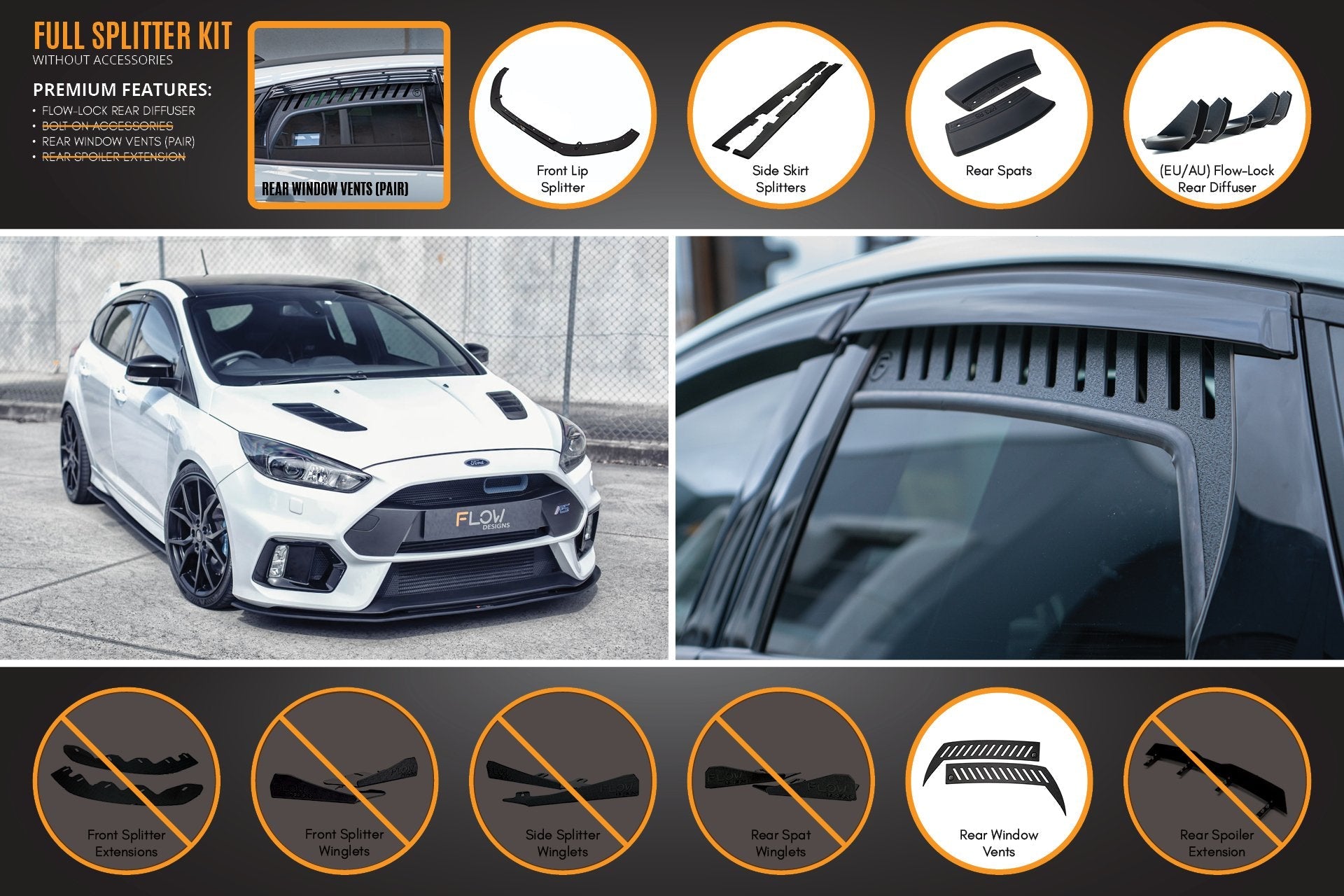 FLOW Designs  MK3 Focus RS Full Lip Splitter Set - MODE Auto Concepts