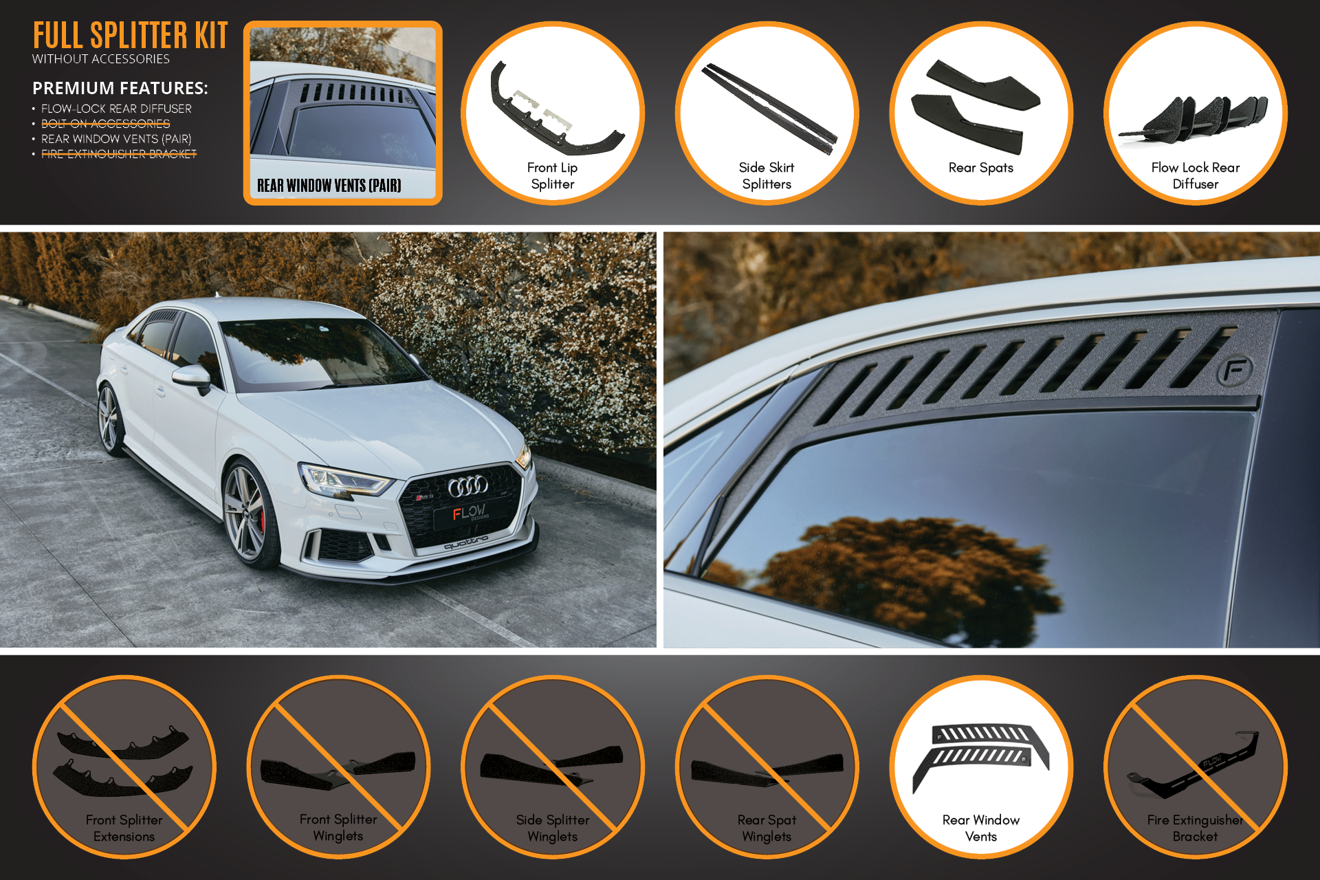 FLOW Designs  RS3 8V Sedan Facelift Full Lip Splitter Set - MODE Auto Concepts