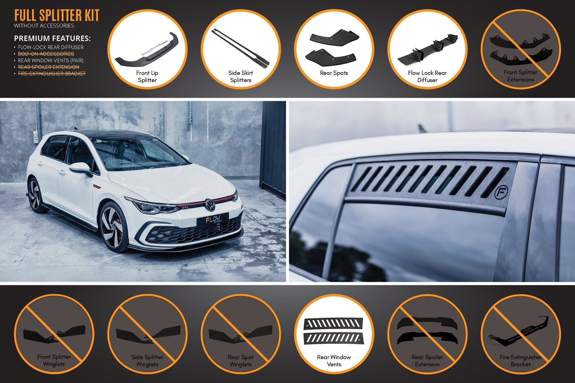 FLOW Designs  MK8 Golf GTI Full Lip Splitter Set - MODE Auto Concepts