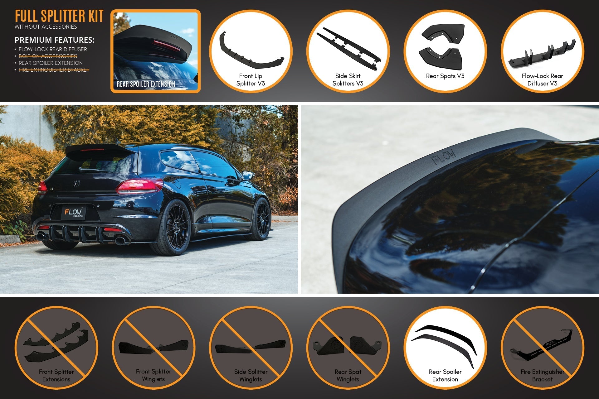 FLOW Designs  Scirocco R PFL V3 Full Lip Splitter Set - MODE Auto Concepts