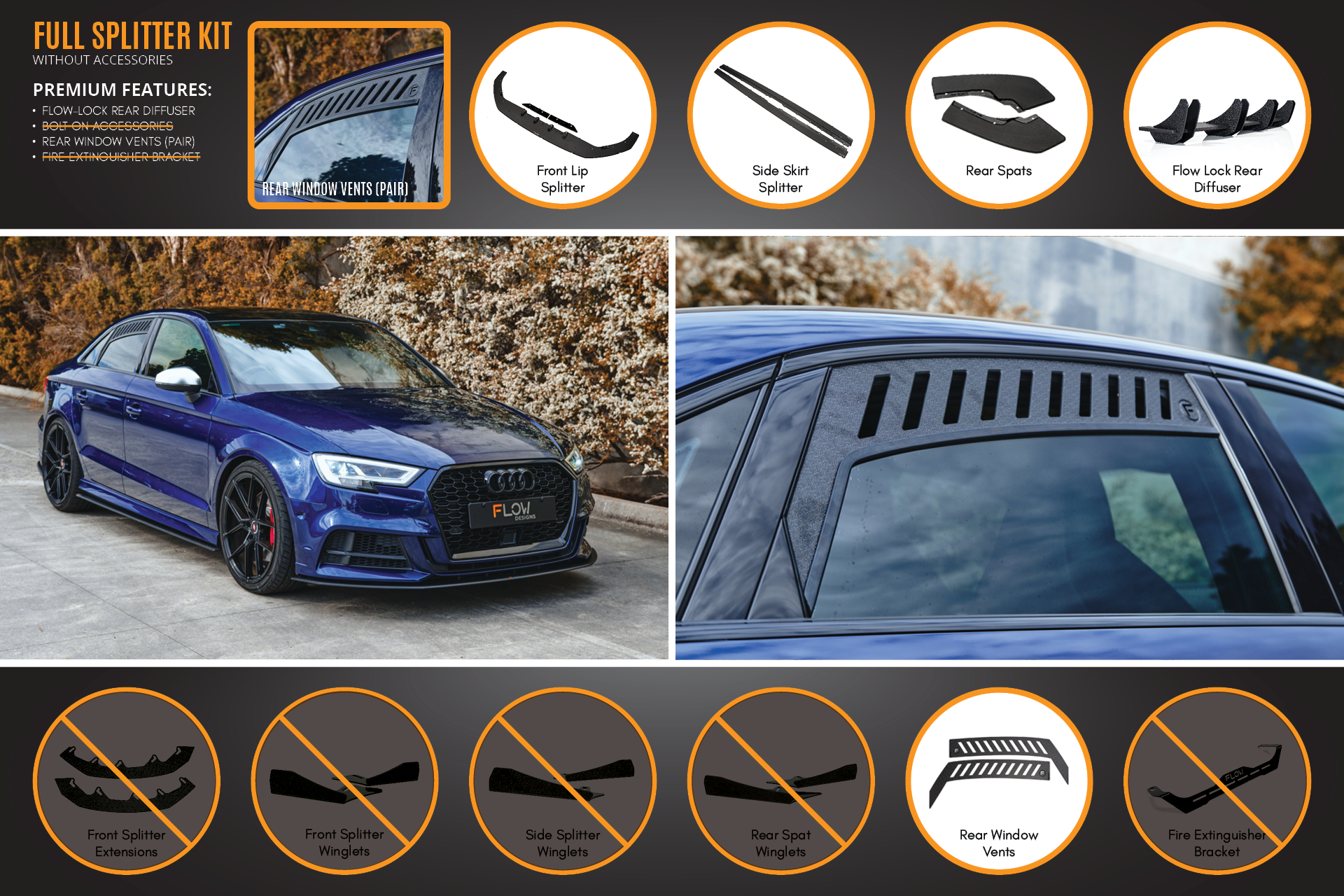 FLOW Designs  S3 8V Sedan Facelift Full Lip Splitter Set - MODE Auto Concepts