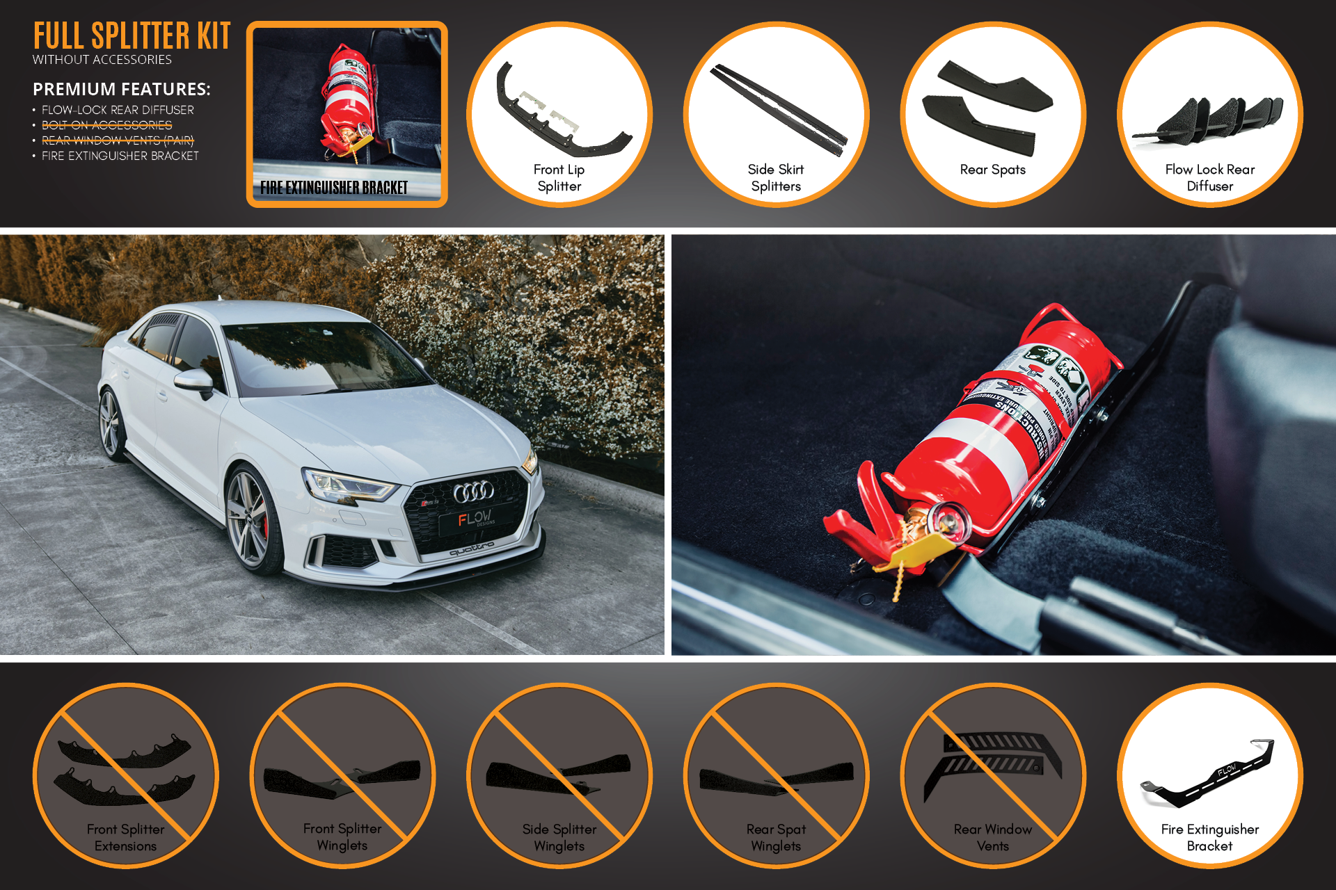 FLOW Designs  RS3 8V Sedan Facelift Full Lip Splitter Set - MODE Auto Concepts