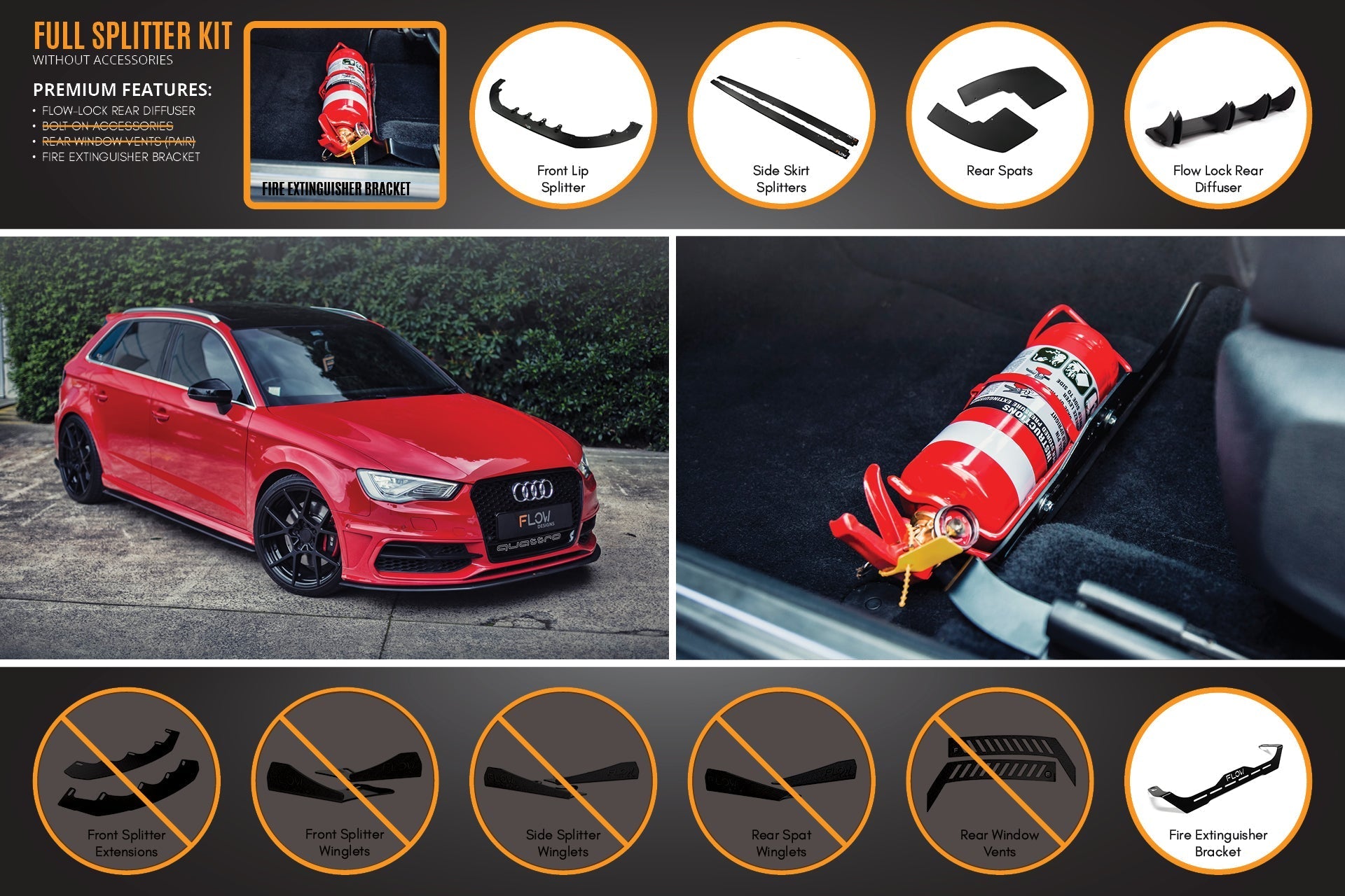 FLOW Designs  S3 8V Pre-Facelift Sportback Full Lip Splitter Set - MODE Auto Concepts