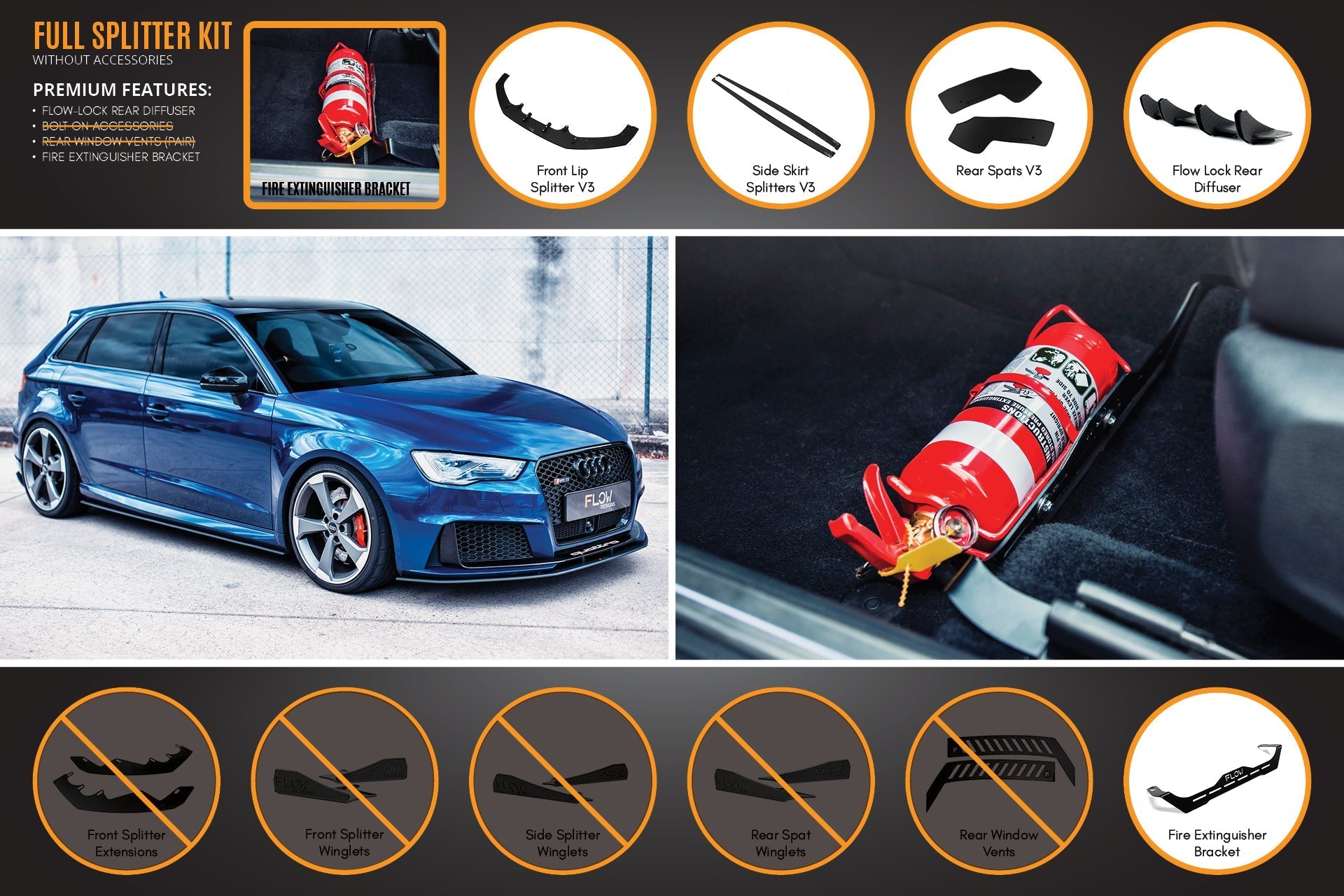 FLOW Designs  RS3 8V Sportback (Pre-Facelift) Full Lip Splitter Set - MODE Auto Concepts