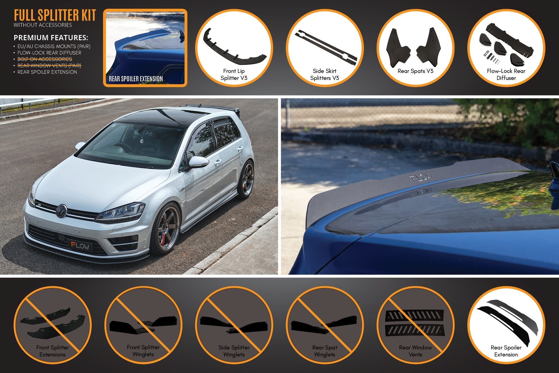 FLOW Designs  MK7 Golf R (EU/AU) Full Lip Splitter Set - MODE Auto Concepts