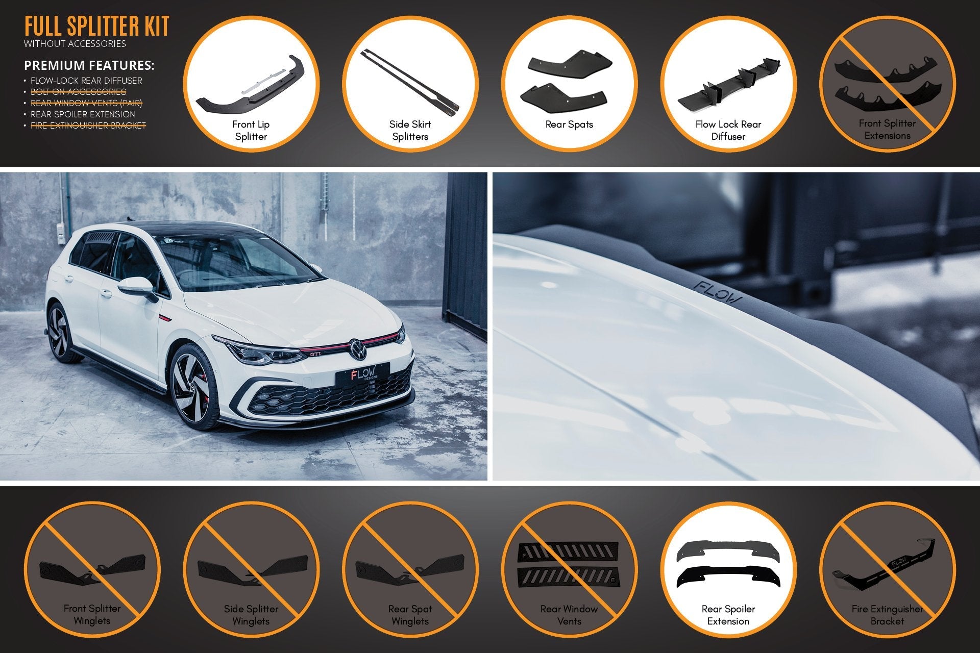 FLOW Designs  MK8 Golf GTI Full Lip Splitter Set - MODE Auto Concepts
