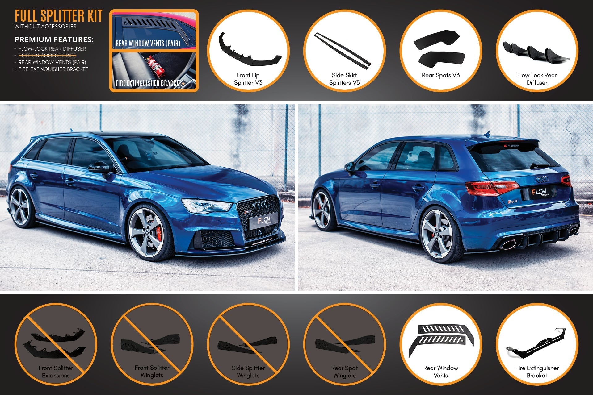 FLOW Designs  RS3 8V Sportback (Pre-Facelift) Full Lip Splitter Set - MODE Auto Concepts