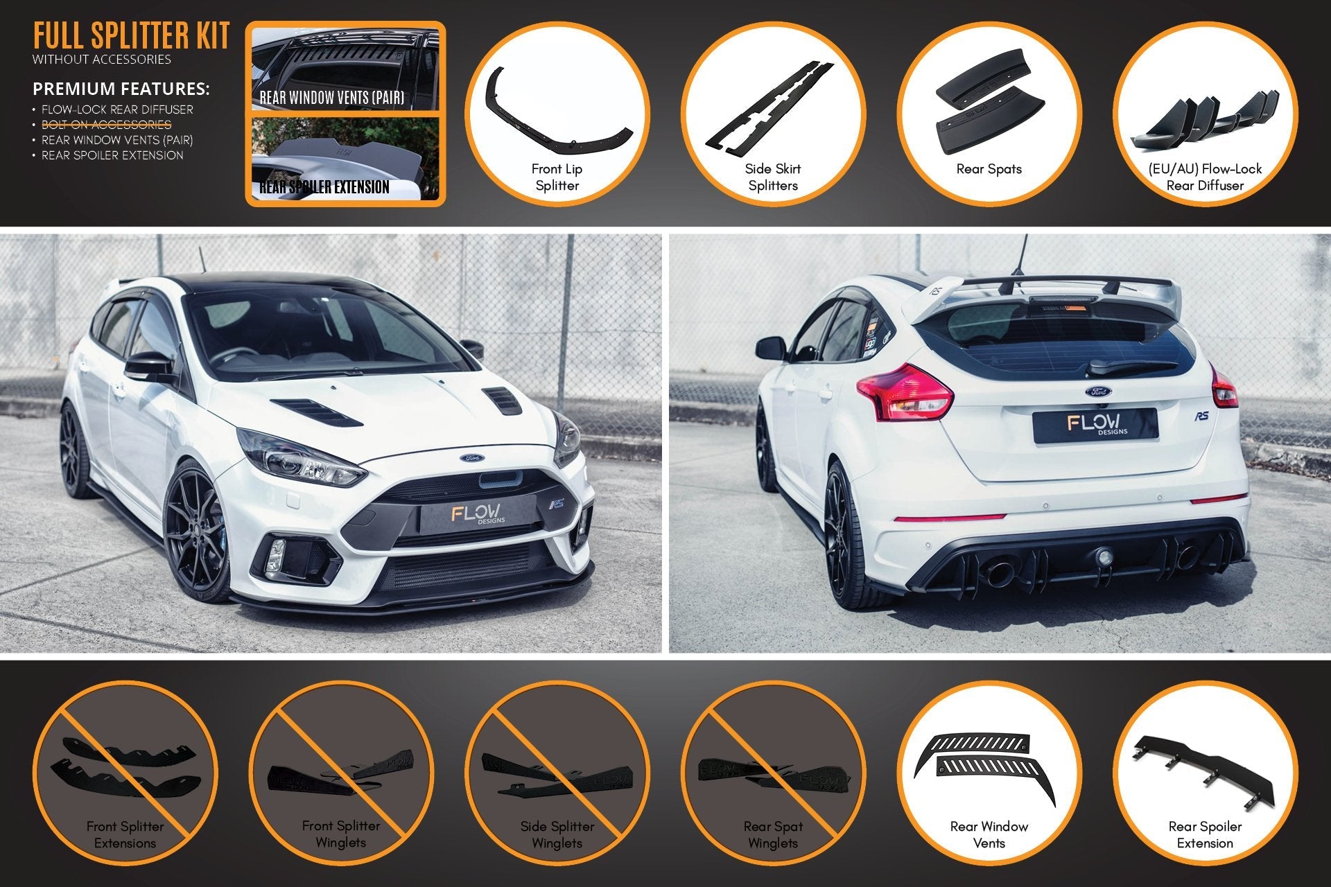 FLOW Designs  MK3 Focus RS Full Lip Splitter Set - MODE Auto Concepts