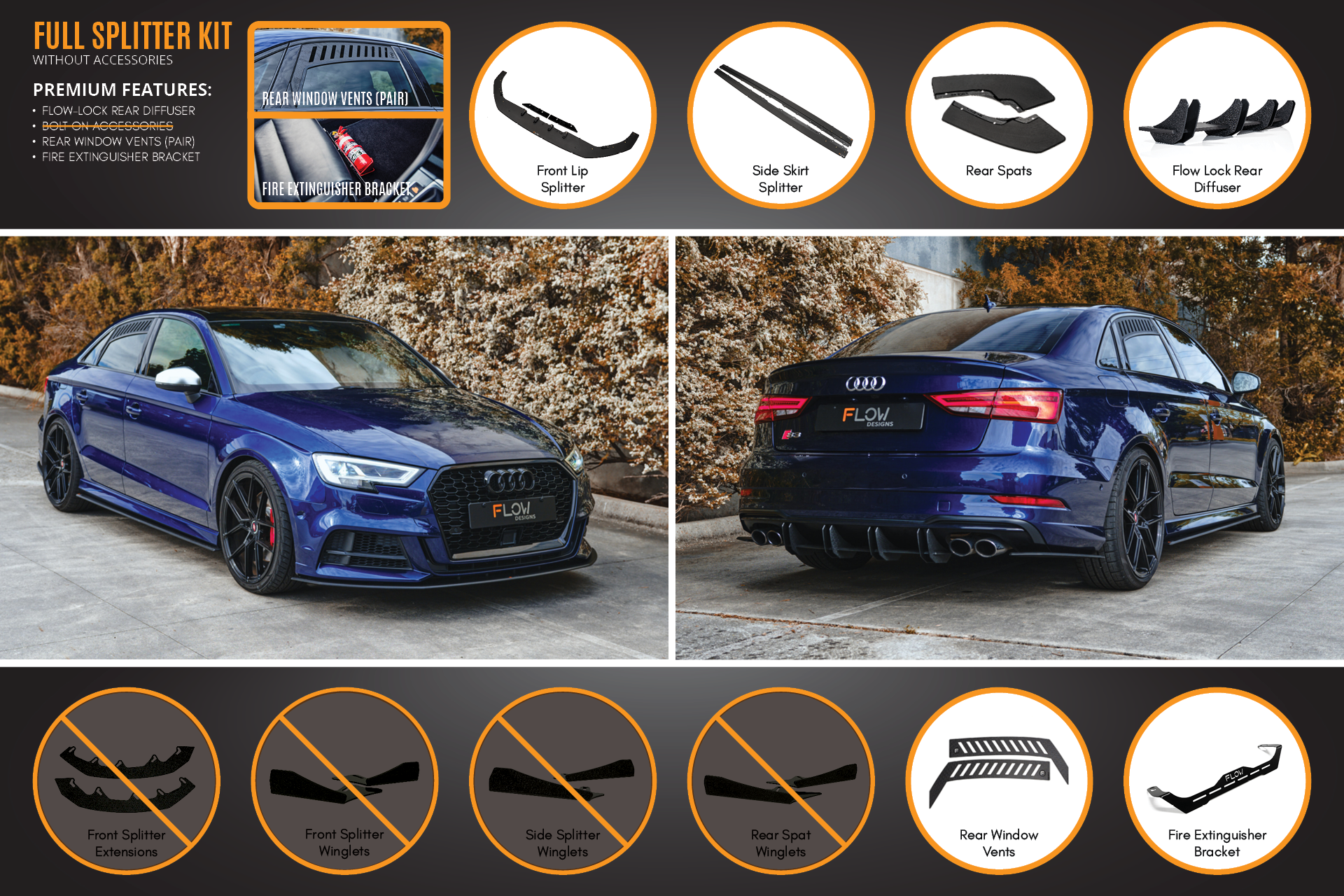 FLOW Designs  S3 8V Sedan Facelift Full Lip Splitter Set - MODE Auto Concepts