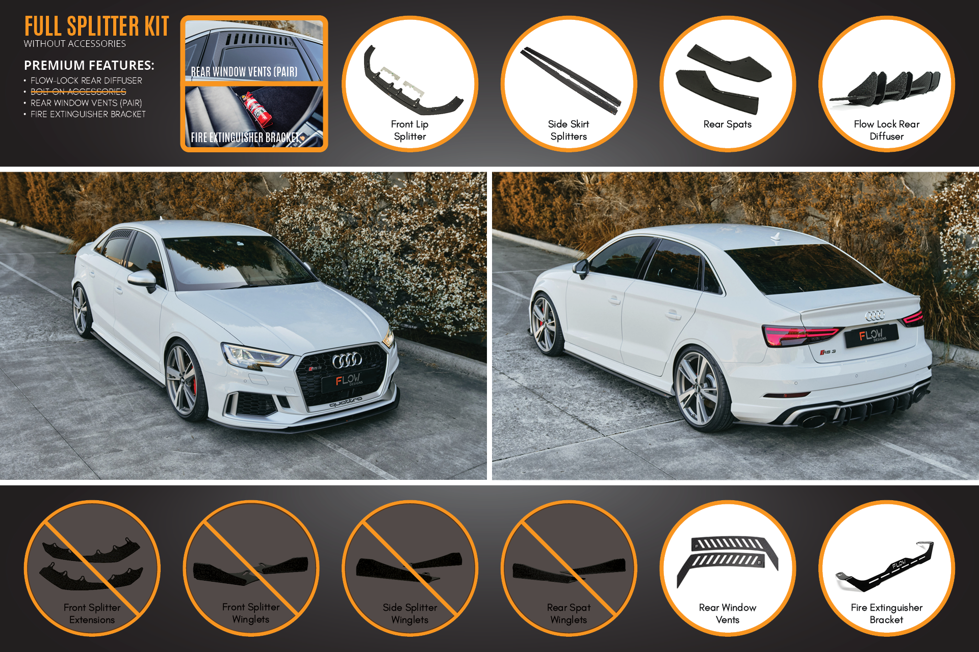 FLOW Designs  RS3 8V Sedan Facelift Full Lip Splitter Set - MODE Auto Concepts