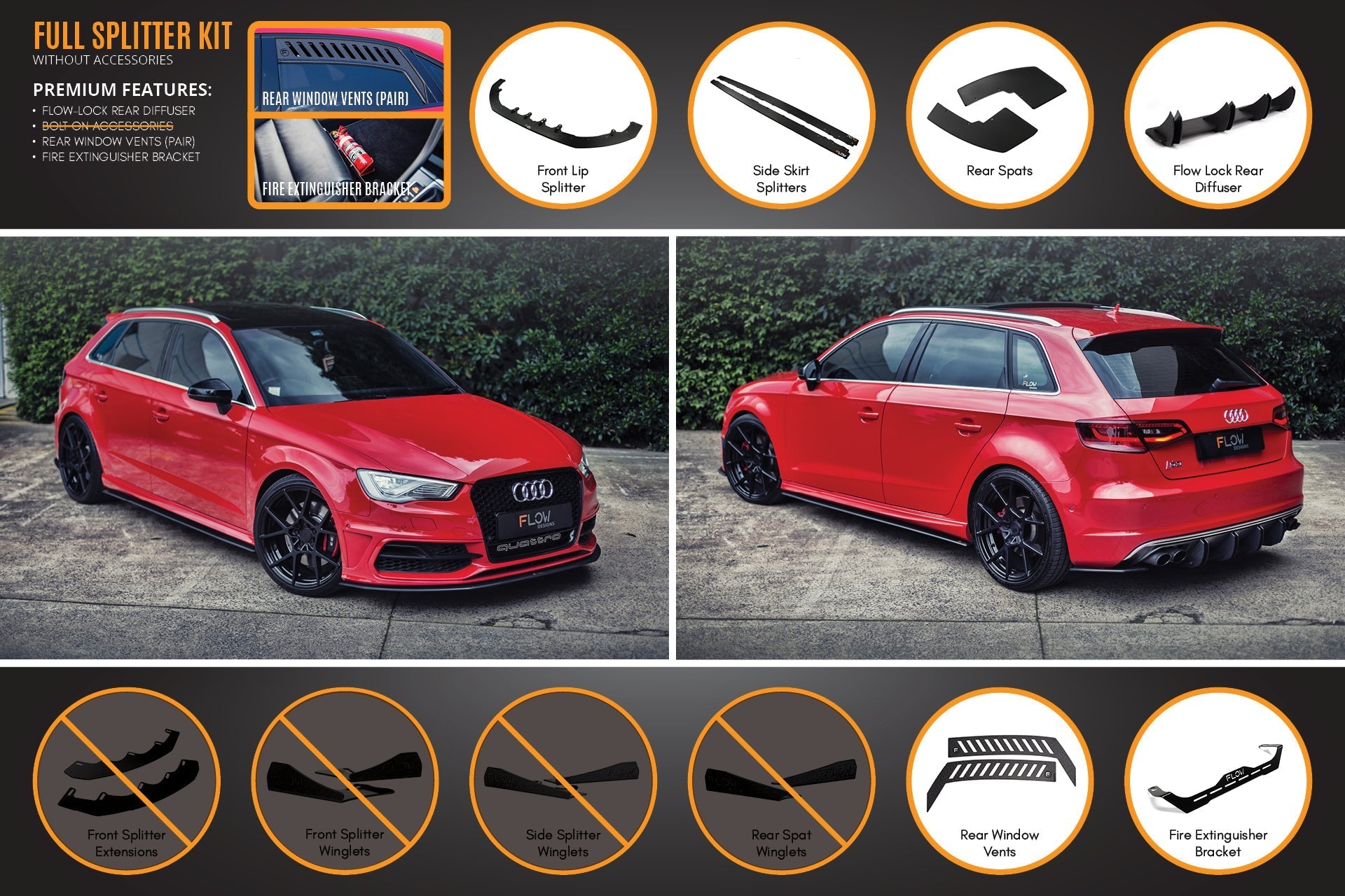 FLOW Designs  S3 8V Pre-Facelift Sportback Full Lip Splitter Set - MODE Auto Concepts