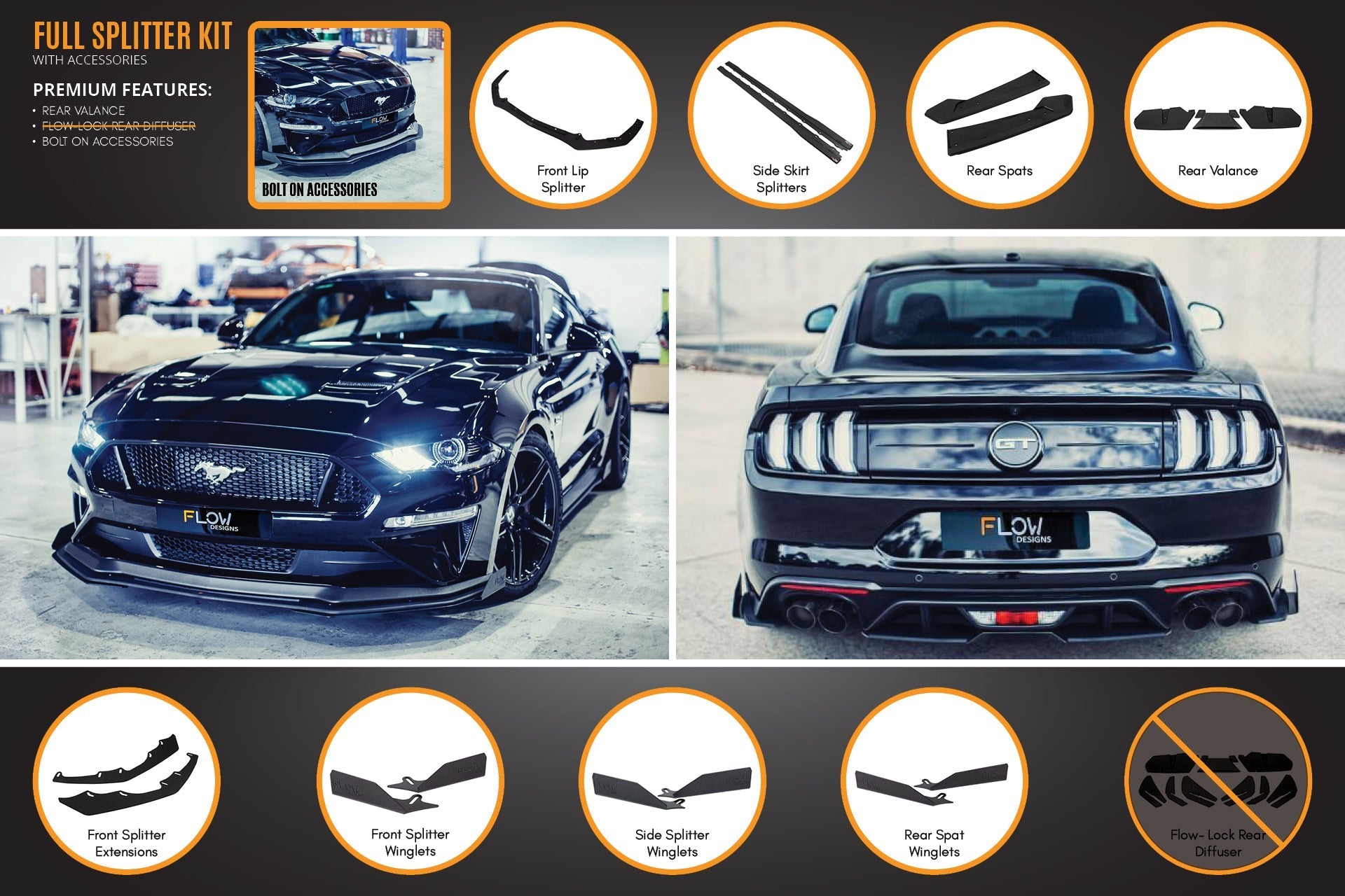 FLOW Designs  GT Mustang S550 FN Full Lip Splitter Set - MODE Auto Concepts