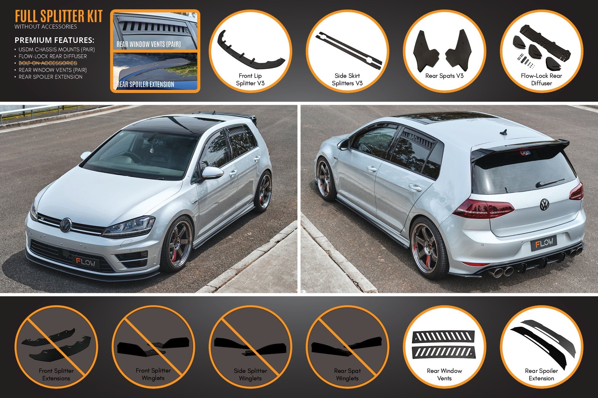 FLOW Designs  MK7 Golf R (USDM) Full Lip Splitter Set - MODE Auto Concepts