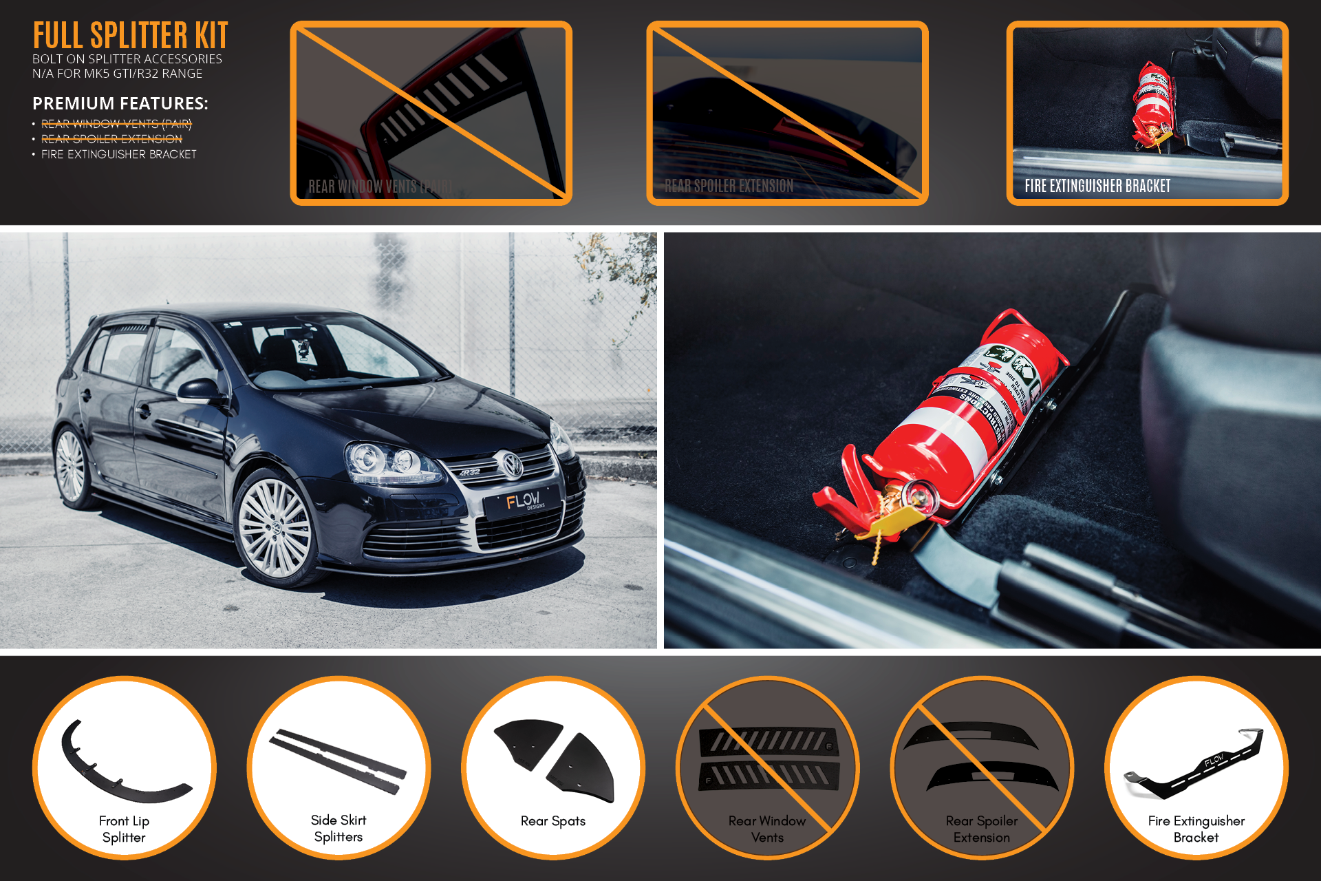 FLOW Designs  MK5 Golf R32 Full Lip Splitter Set - MODE Auto Concepts