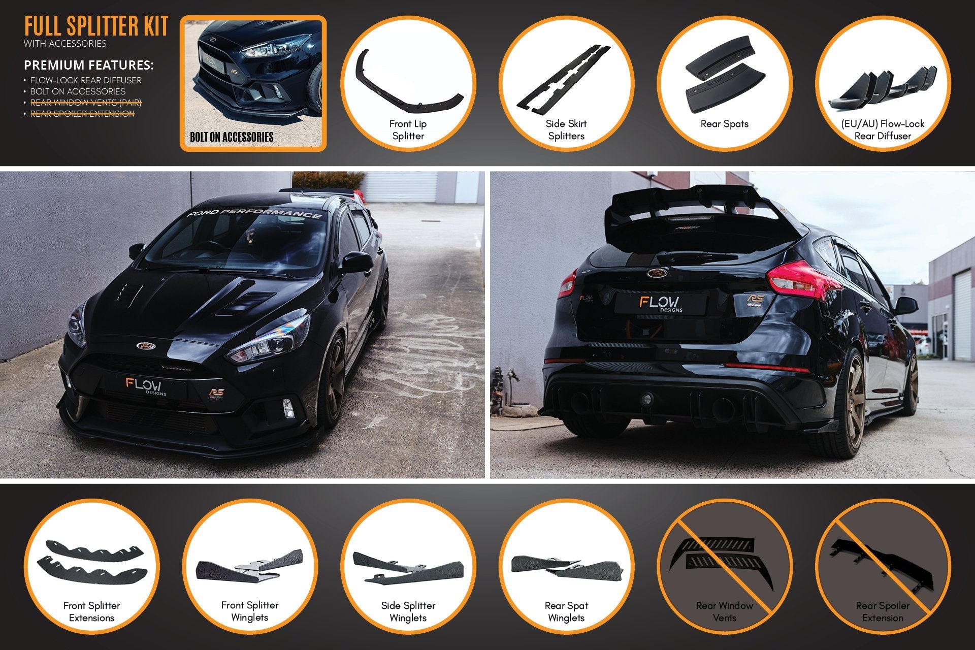FLOW Designs  MK3 Focus RS Full Lip Splitter Set - MODE Auto Concepts