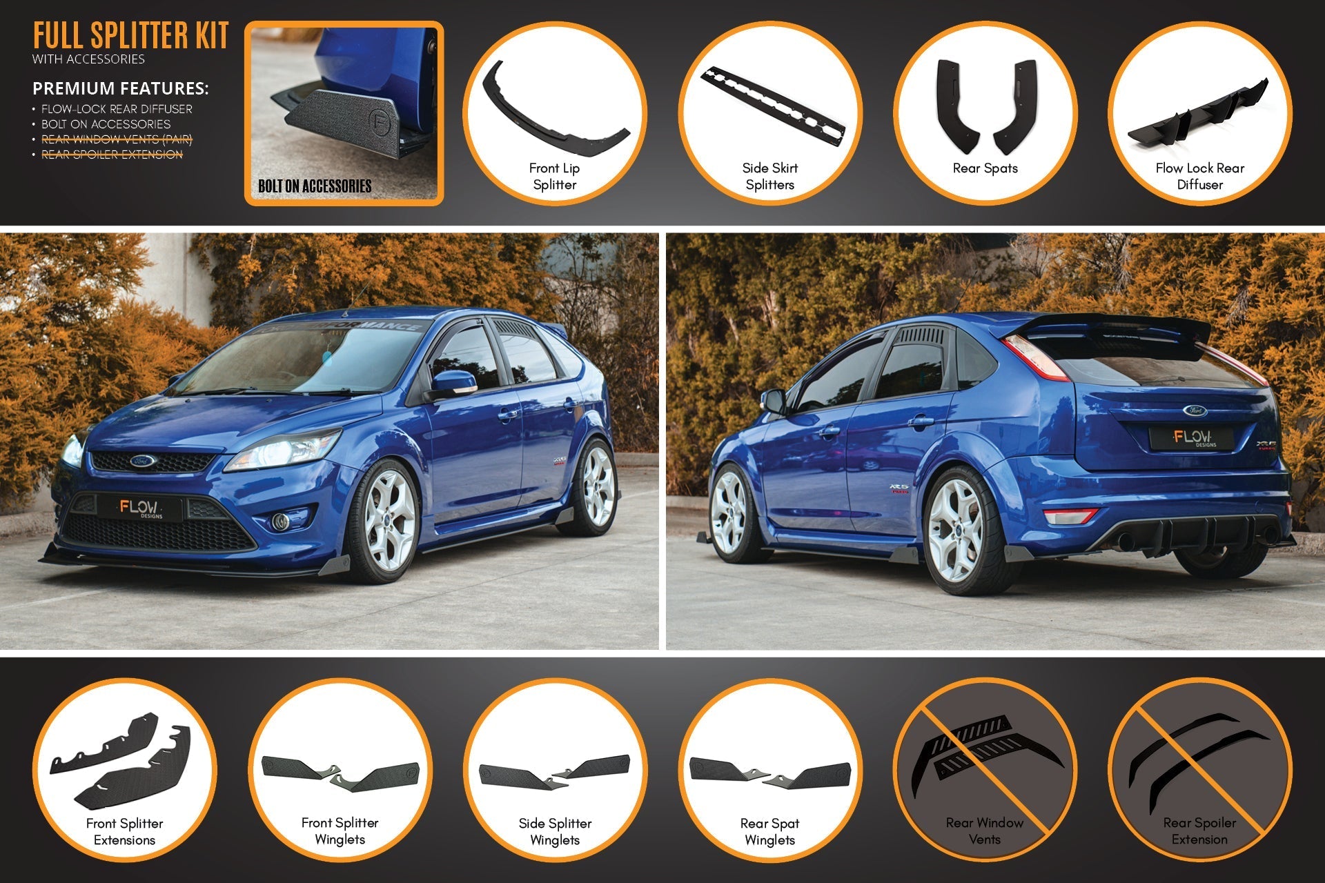 FLOW Designs  XR5 Focus Turbo V3 Full Lip Splitter Set - MODE Auto Concepts