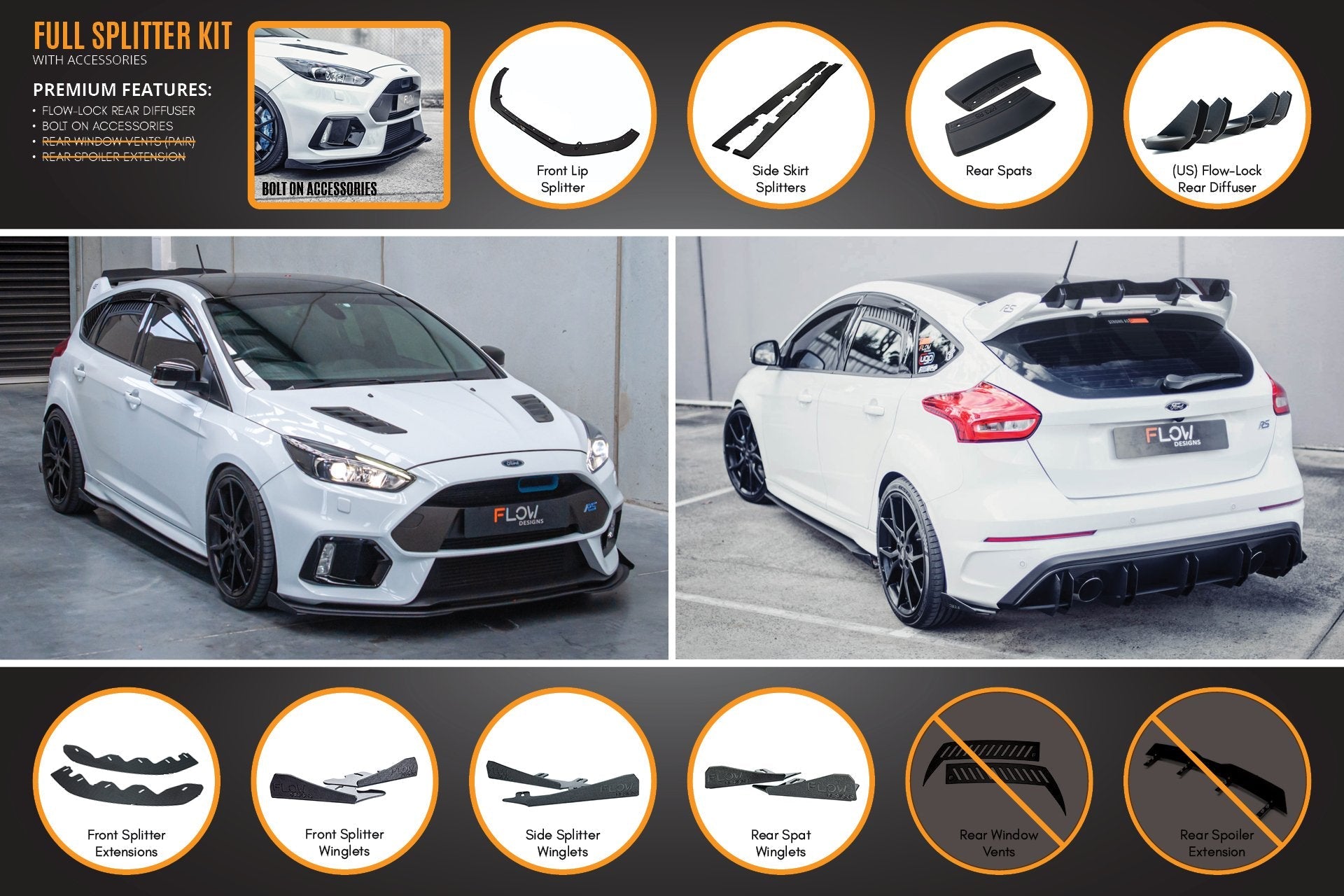 FLOW Designs  MK3 Focus RS Full Lip Splitter Set - MODE Auto Concepts