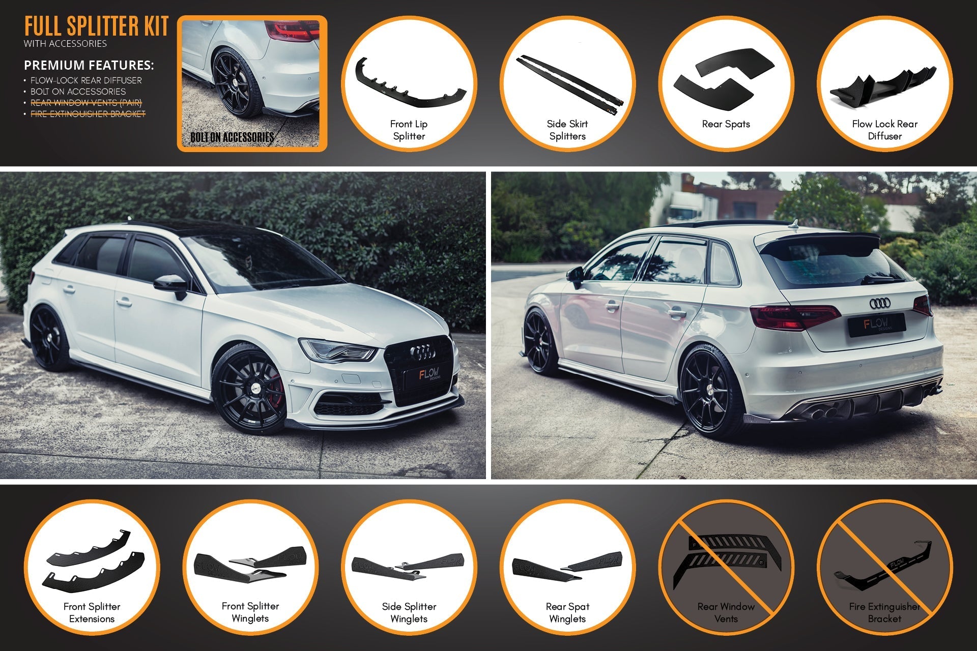 FLOW Designs  S3 8V Pre-Facelift Sportback Full Lip Splitter Set - MODE Auto Concepts