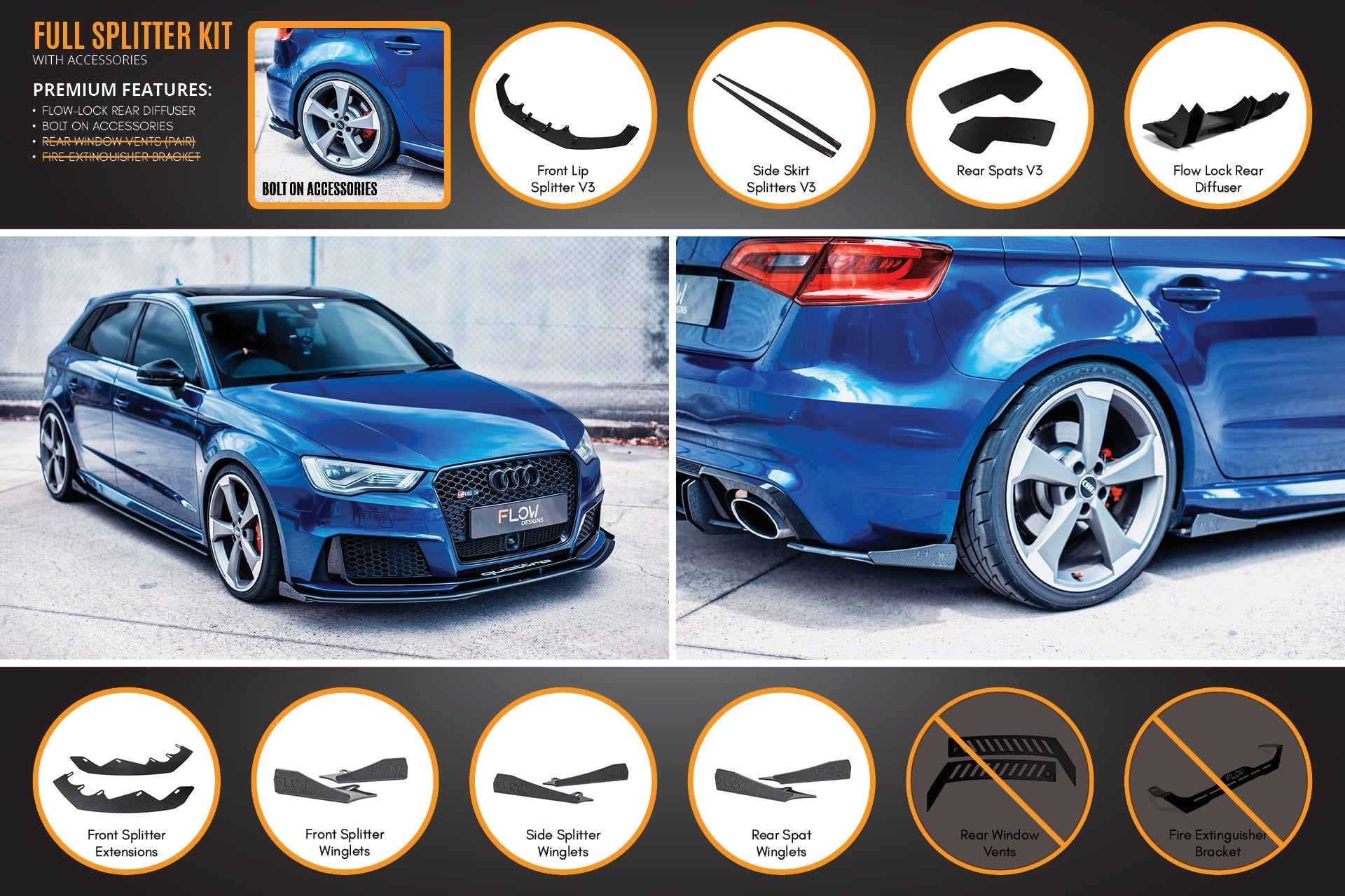 FLOW Designs  RS3 8V Sportback (Pre-Facelift) Full Lip Splitter Set - MODE Auto Concepts