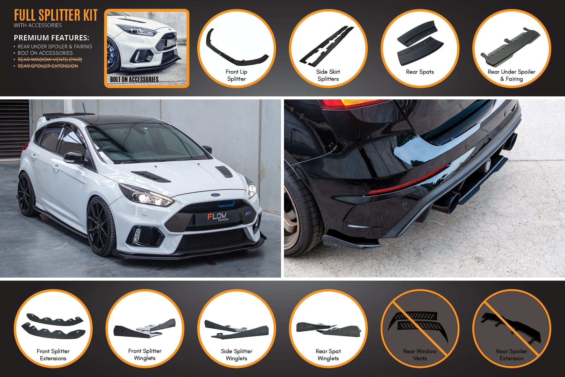 FLOW Designs  MK3 Focus RS Full Lip Splitter Set - MODE Auto Concepts