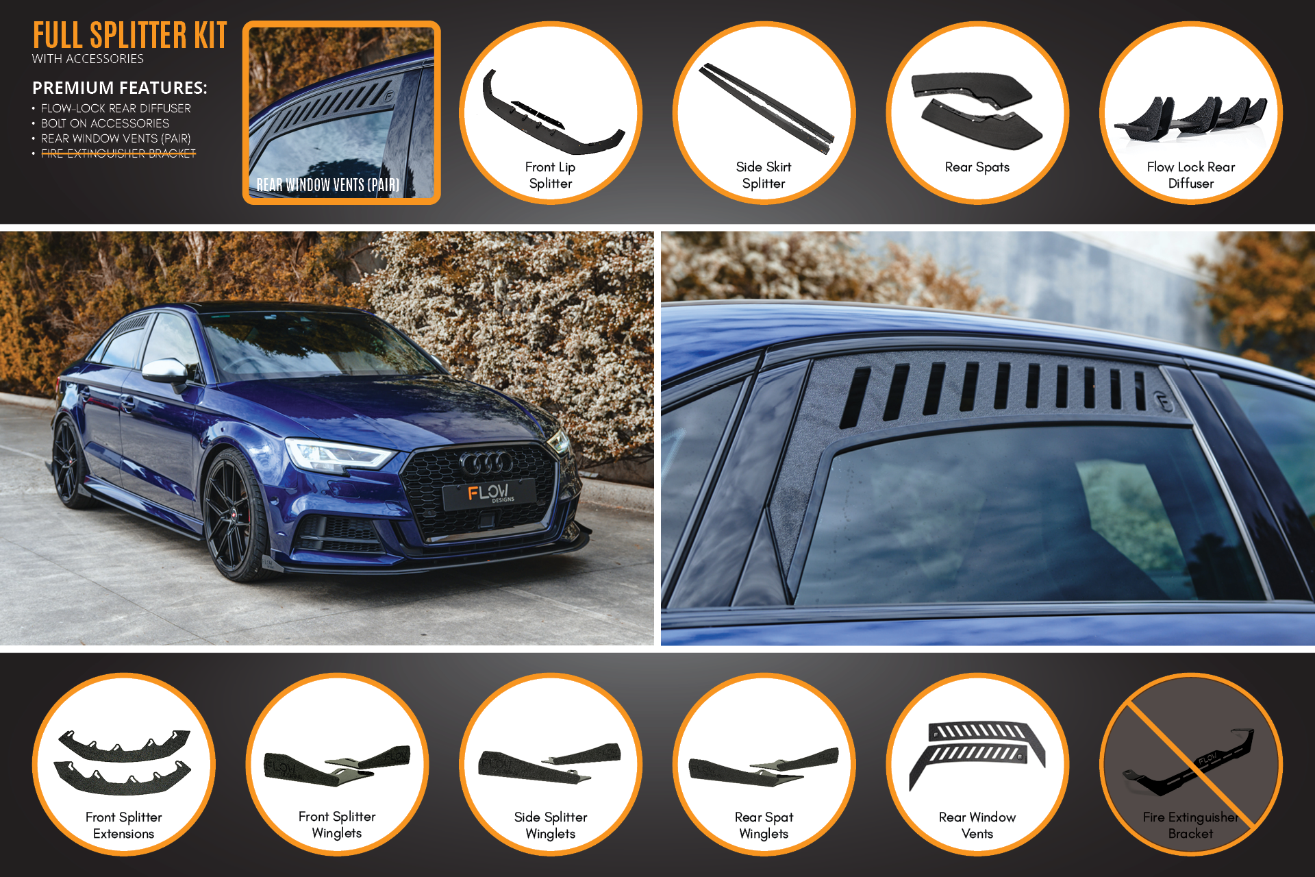 FLOW Designs  S3 8V Sedan Facelift Full Lip Splitter Set - MODE Auto Concepts