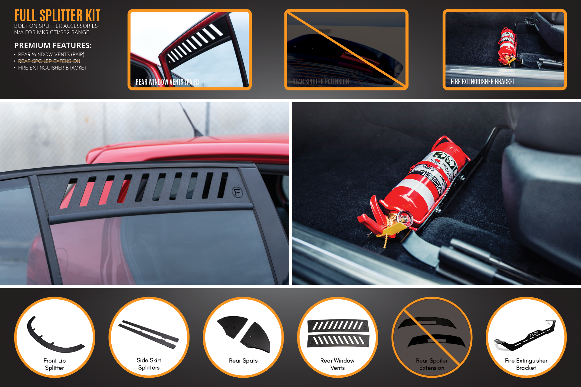 FLOW Designs  MK5 Golf R32 Full Lip Splitter Set - MODE Auto Concepts