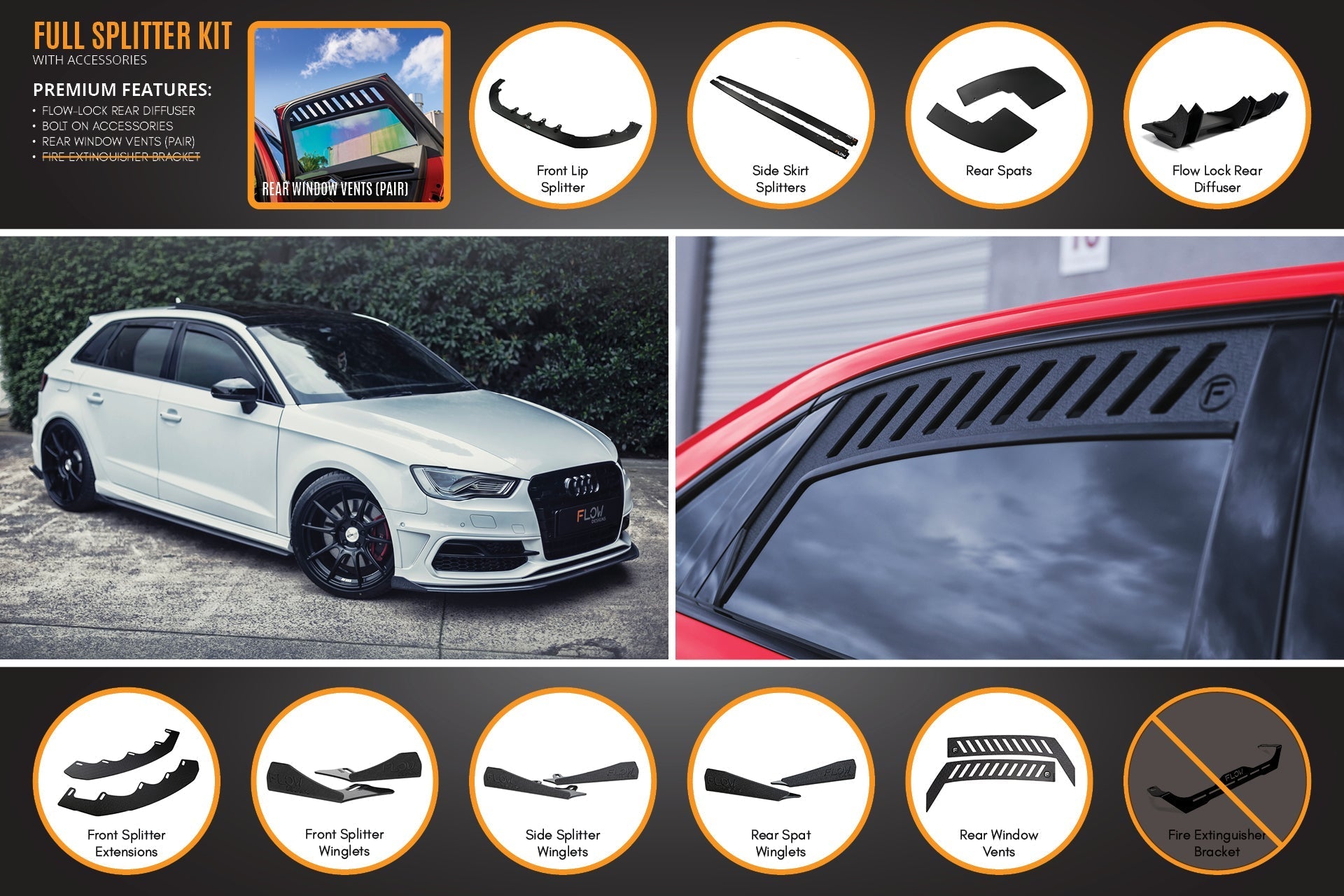 FLOW Designs  S3 8V Pre-Facelift Sportback Full Lip Splitter Set - MODE Auto Concepts