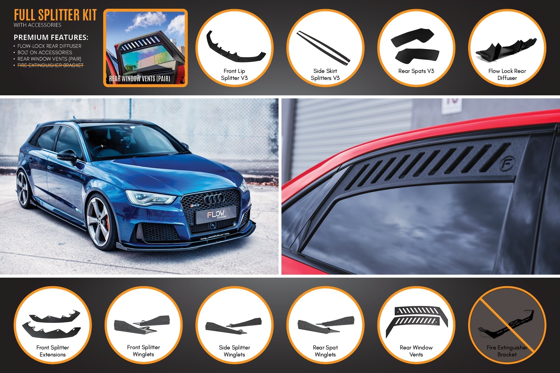 FLOW Designs  RS3 8V Sportback (Pre-Facelift) Full Lip Splitter Set - MODE Auto Concepts