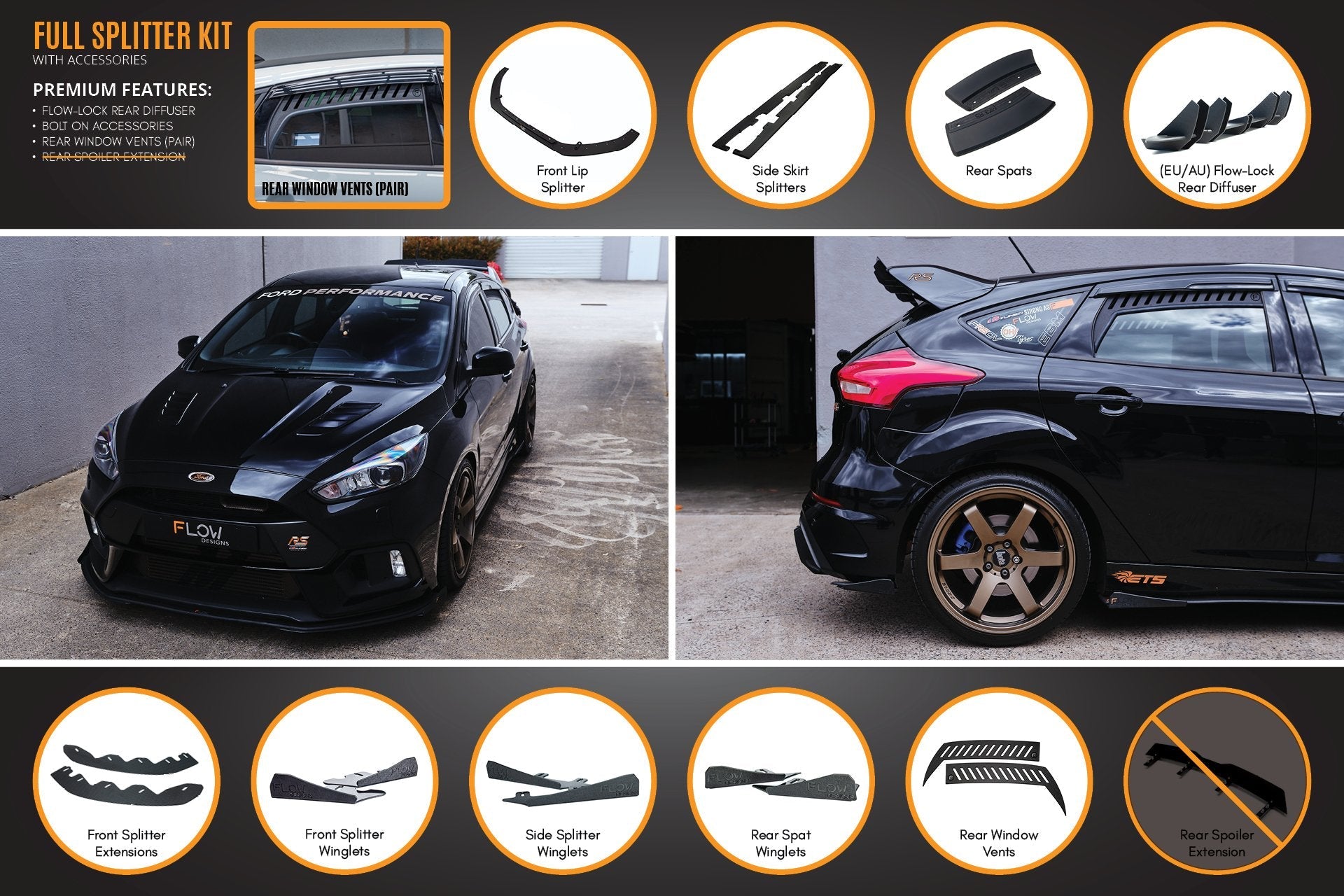 FLOW Designs  MK3 Focus RS Full Lip Splitter Set - MODE Auto Concepts