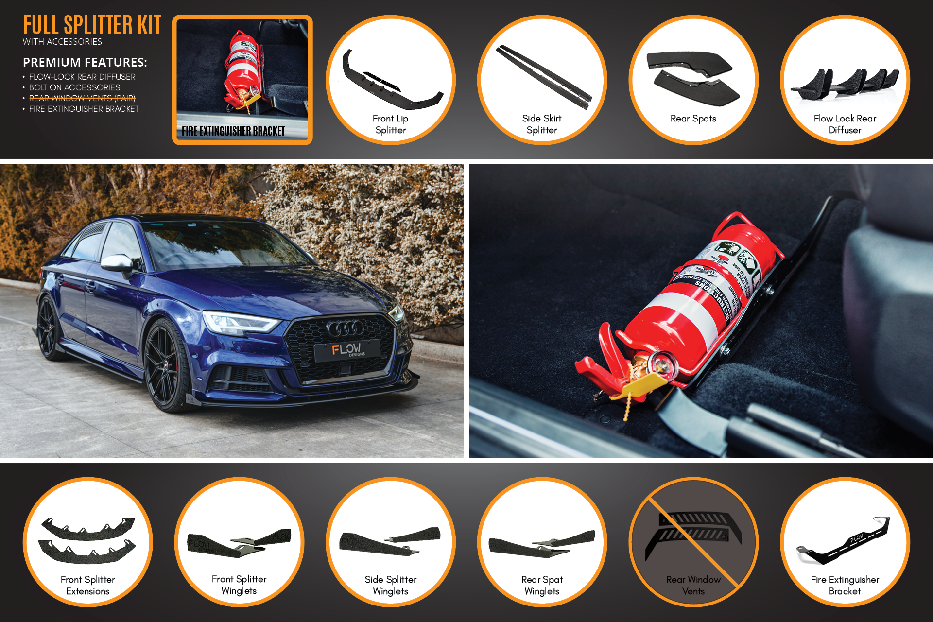 FLOW Designs  S3 8V Sedan Facelift Full Lip Splitter Set - MODE Auto Concepts