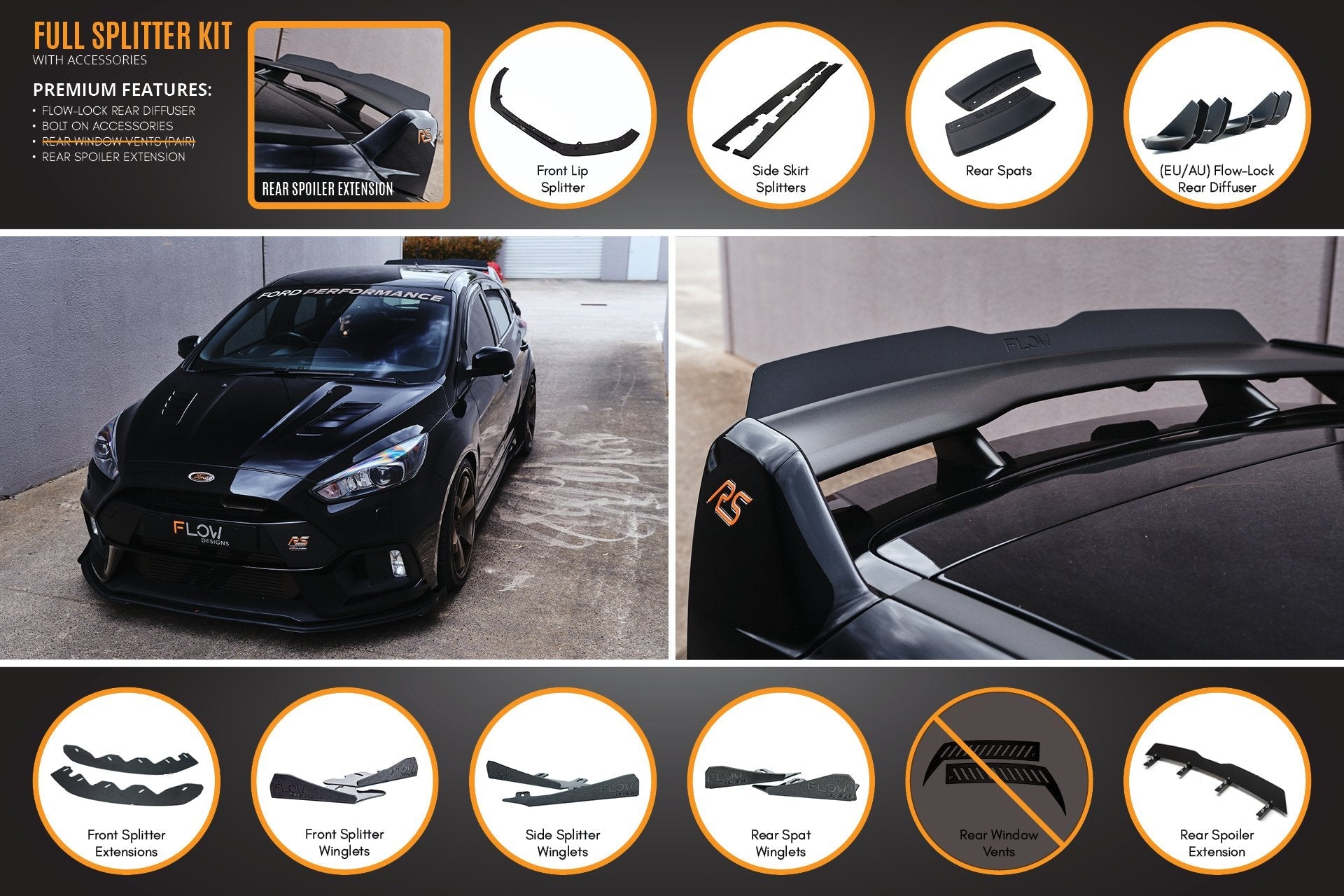 FLOW Designs  MK3 Focus RS Full Lip Splitter Set - MODE Auto Concepts