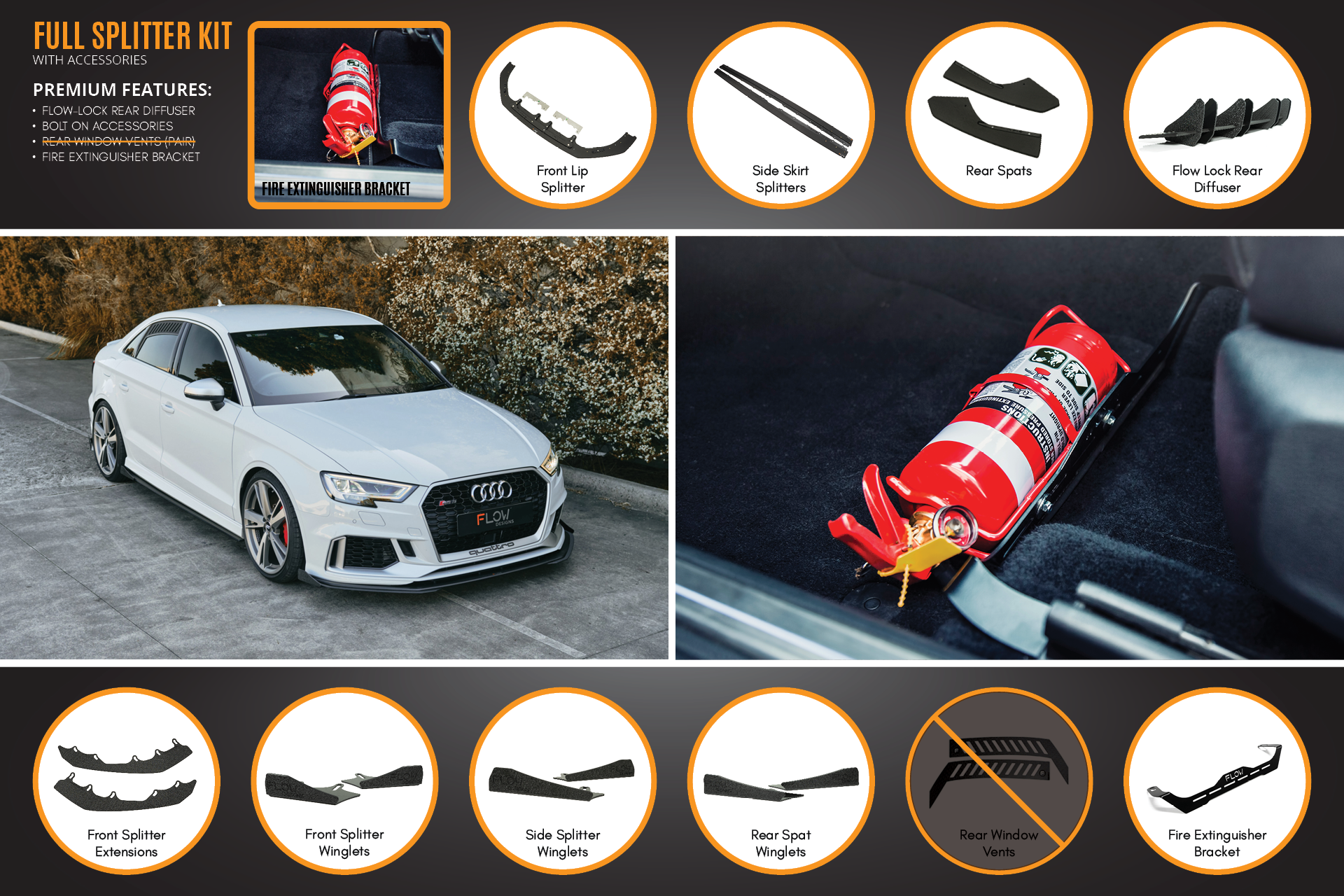 FLOW Designs  RS3 8V Sedan Facelift Full Lip Splitter Set - MODE Auto Concepts