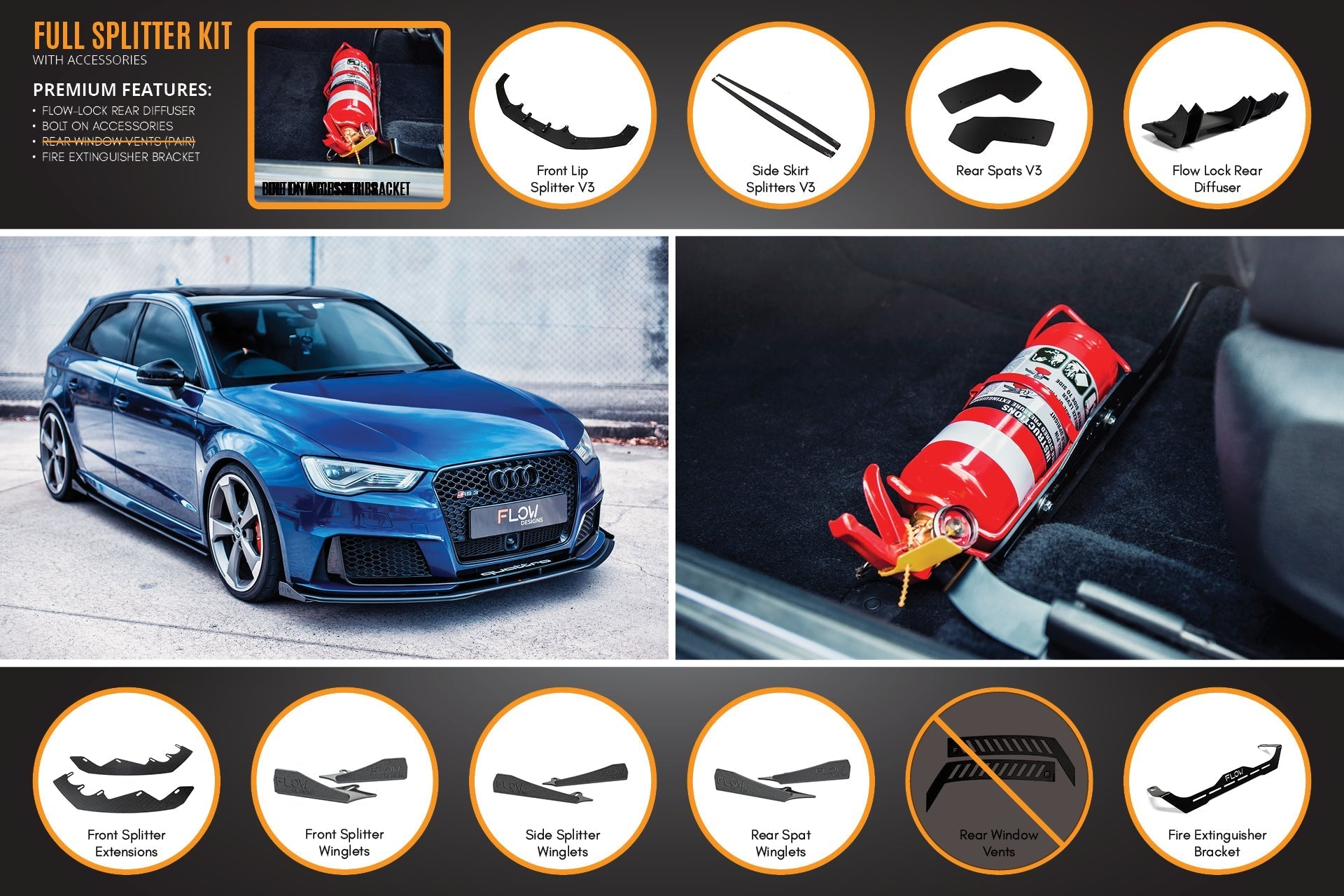 FLOW Designs  RS3 8V Sportback (Pre-Facelift) Full Lip Splitter Set - MODE Auto Concepts