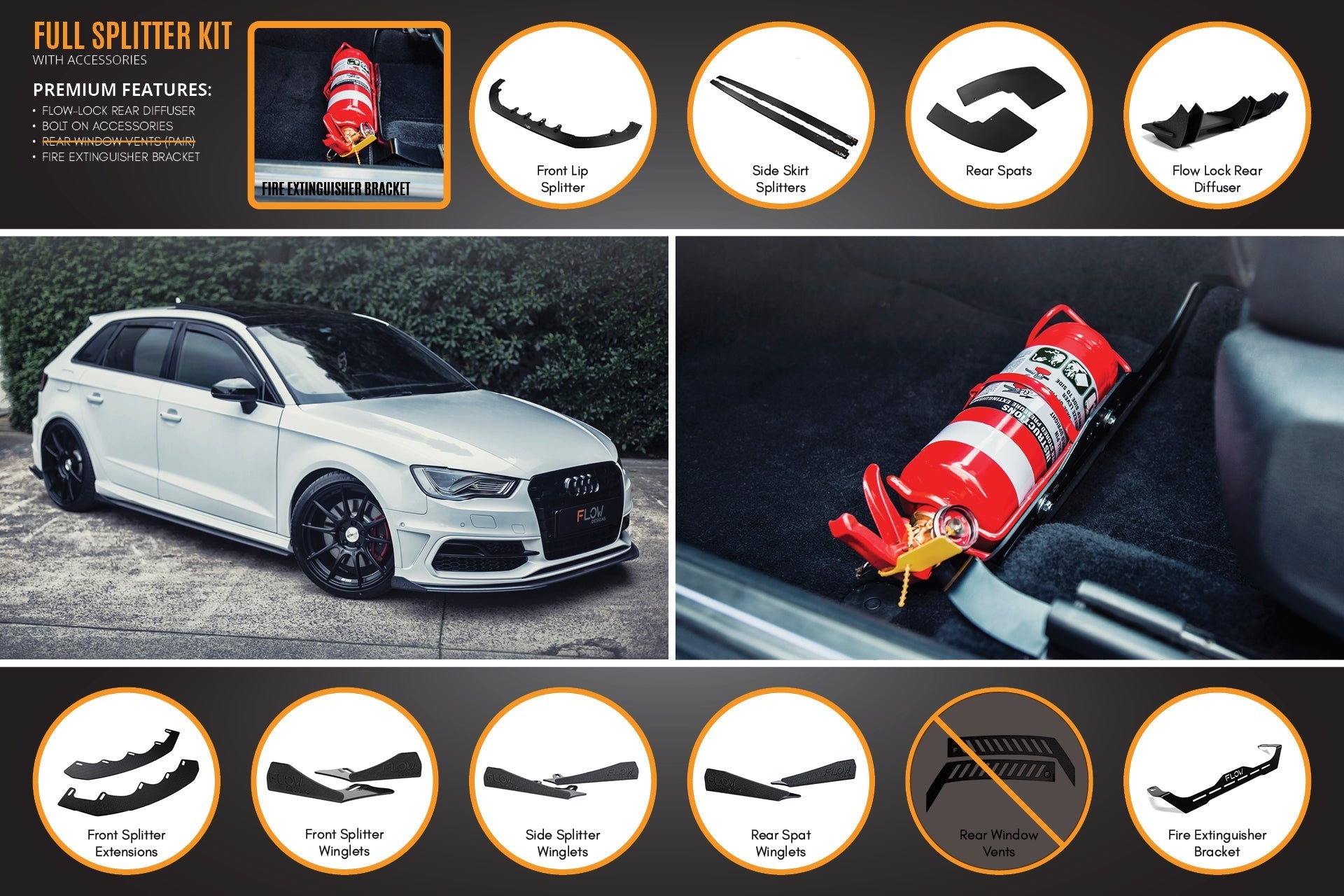 FLOW Designs  S3 8V Pre-Facelift Sportback Full Lip Splitter Set - MODE Auto Concepts
