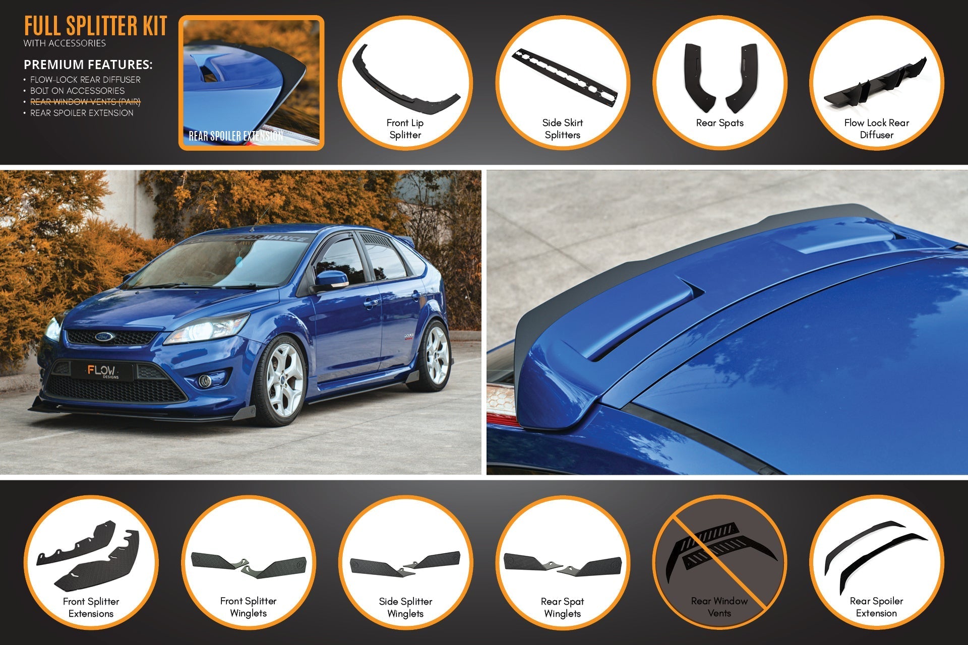 FLOW Designs  XR5 Focus Turbo V3 Full Lip Splitter Set - MODE Auto Concepts