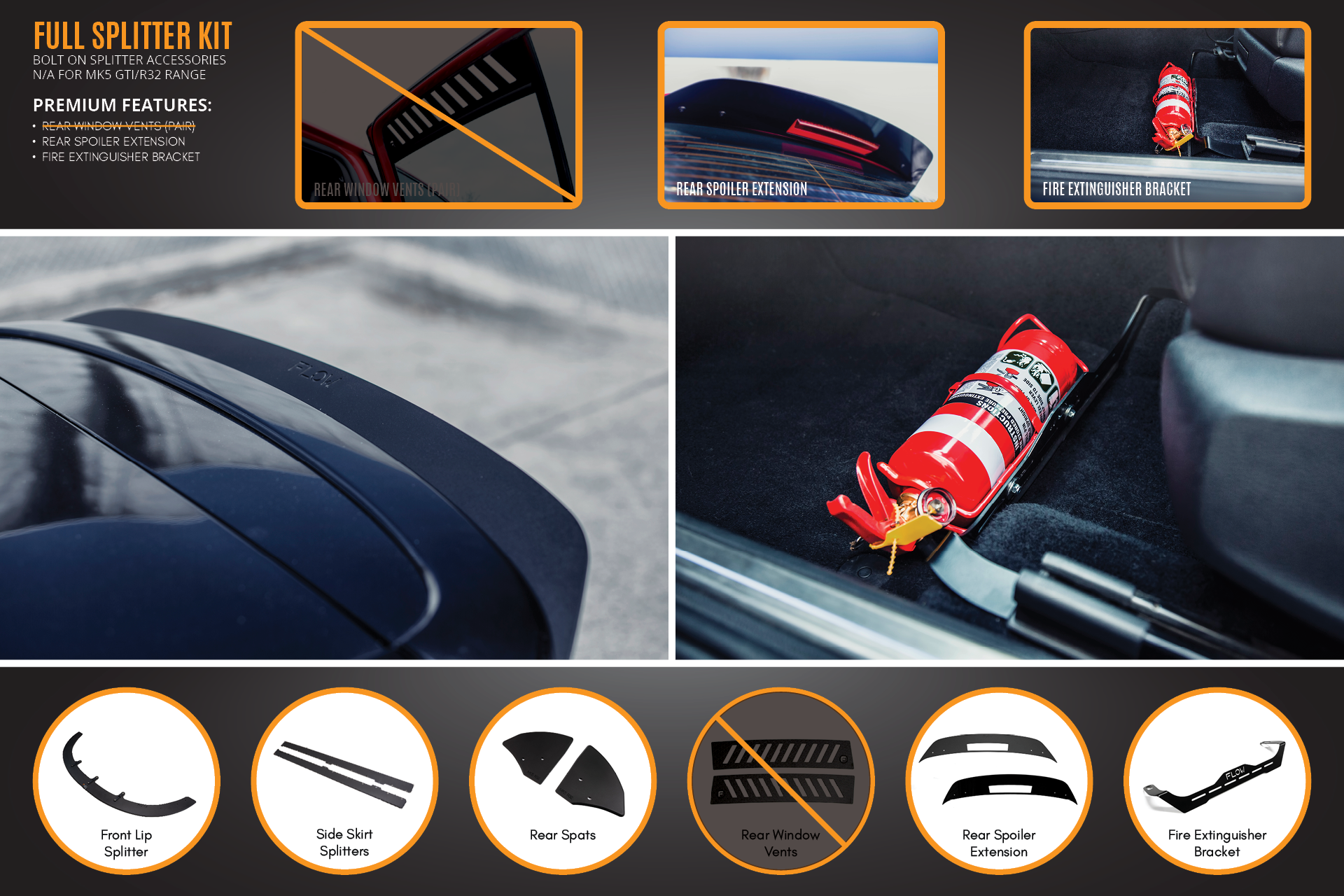 FLOW Designs  MK5 Golf R32 Full Lip Splitter Set - MODE Auto Concepts