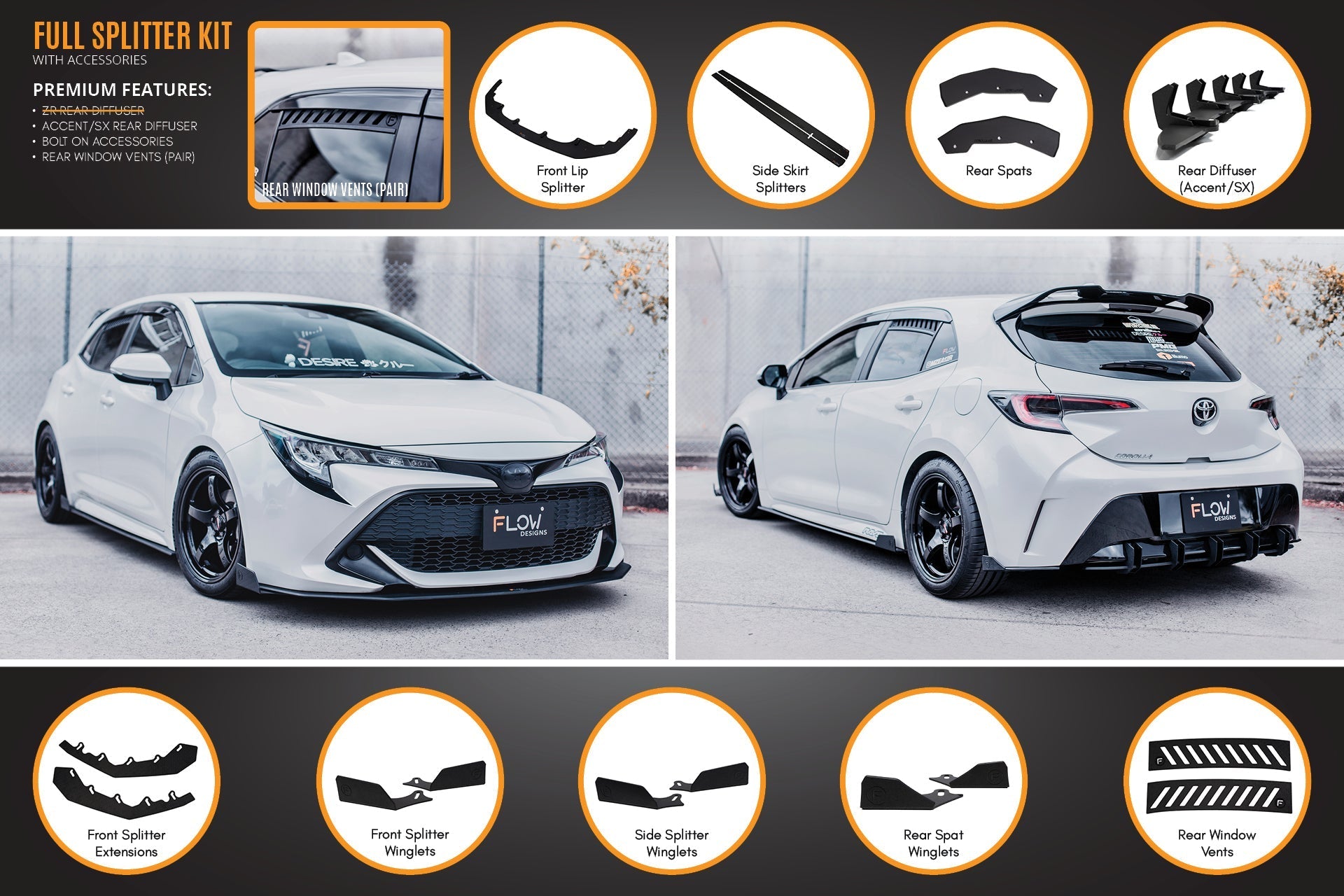FLOW Designs  Corolla MZEA12R/ZWE211R 2018-2022 Full Lip Splitter Set - MODE Auto Concepts