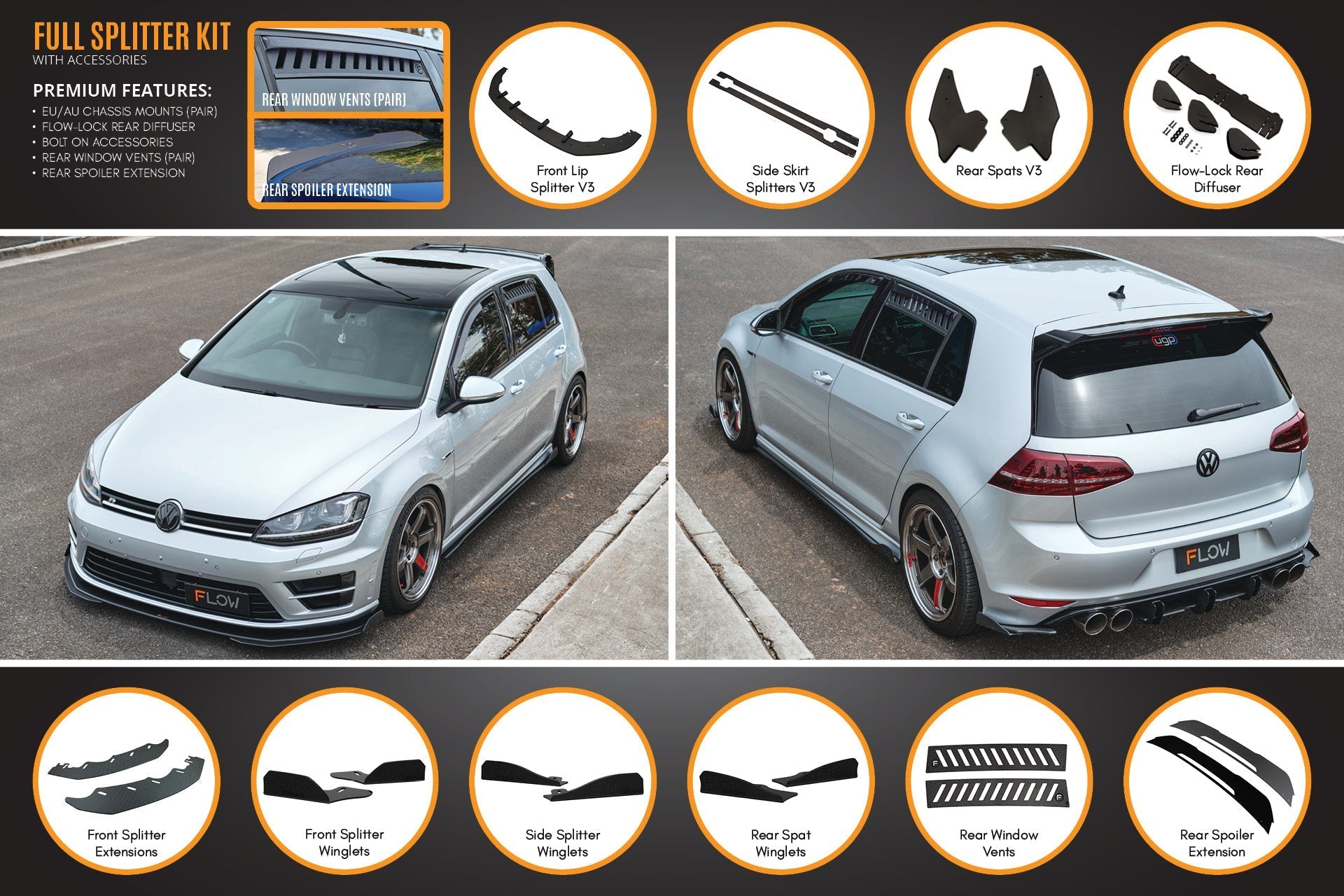 FLOW Designs  MK7 Golf R (EU/AU) Full Lip Splitter Set - MODE Auto Concepts