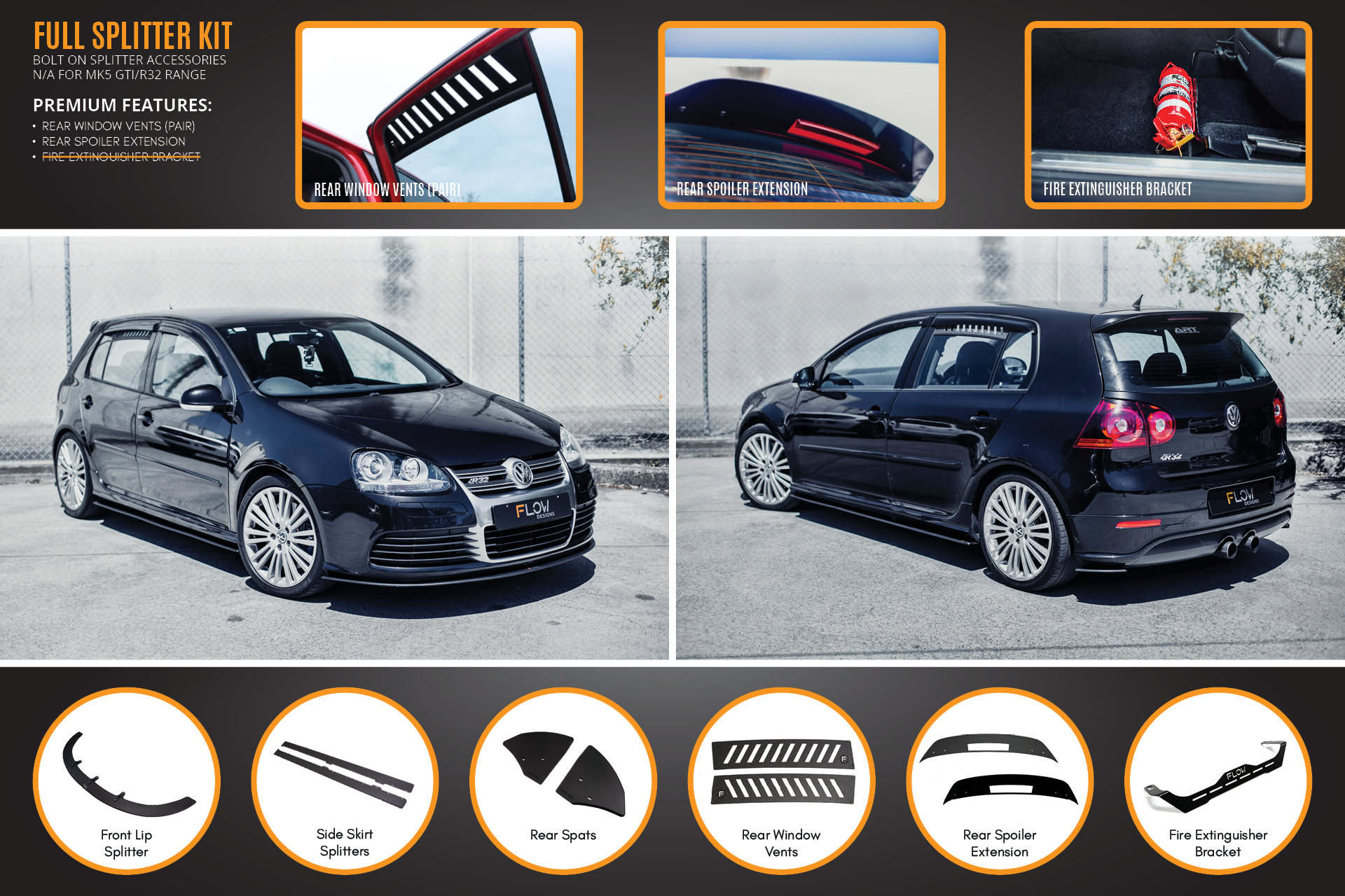 FLOW Designs  MK5 Golf R32 Full Lip Splitter Set - MODE Auto Concepts