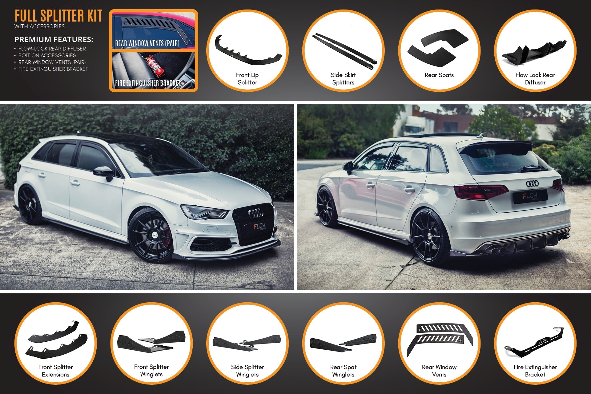 FLOW Designs  S3 8V Pre-Facelift Sportback Full Lip Splitter Set - MODE Auto Concepts