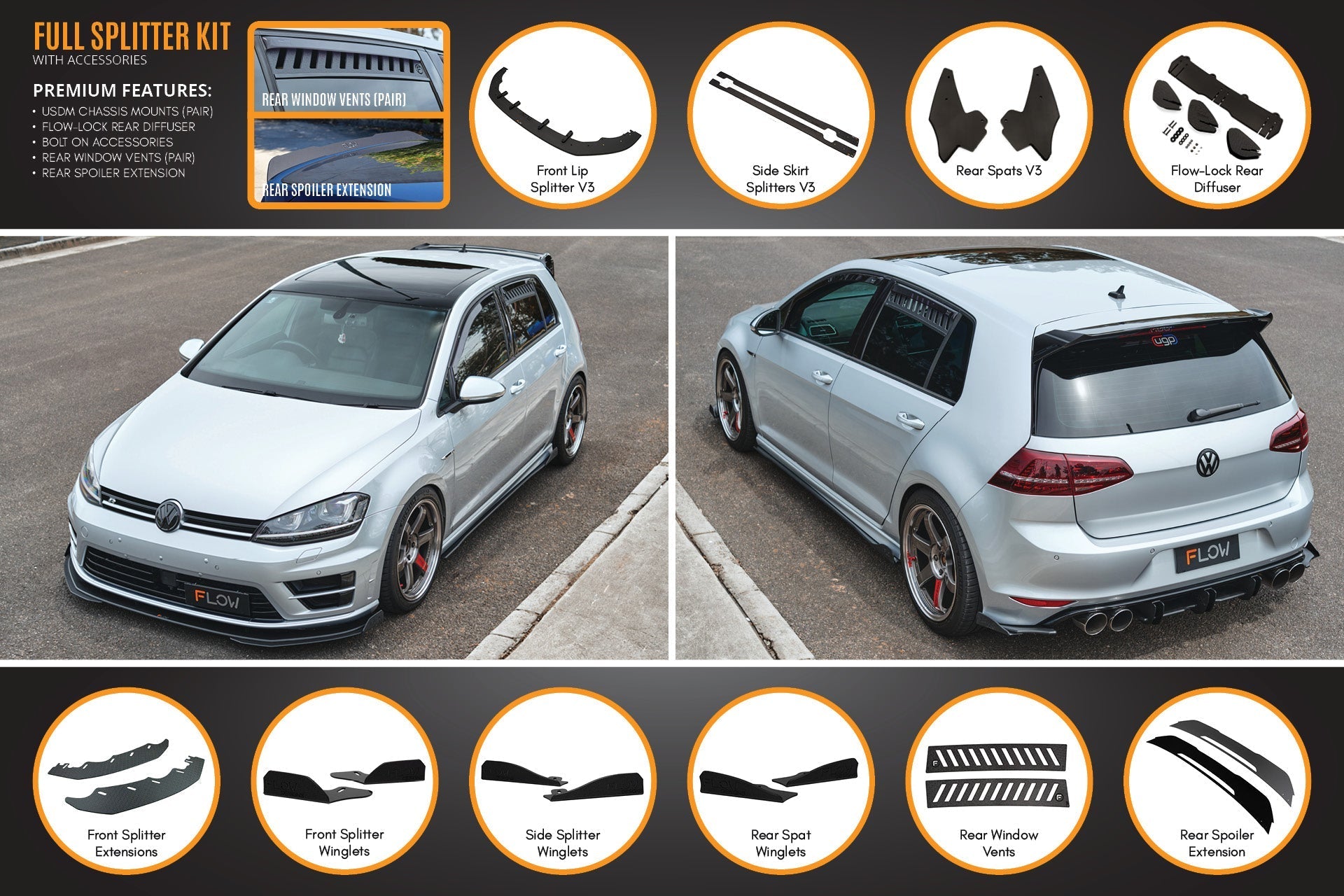 FLOW Designs  MK7 Golf R (USDM) Full Lip Splitter Set - MODE Auto Concepts