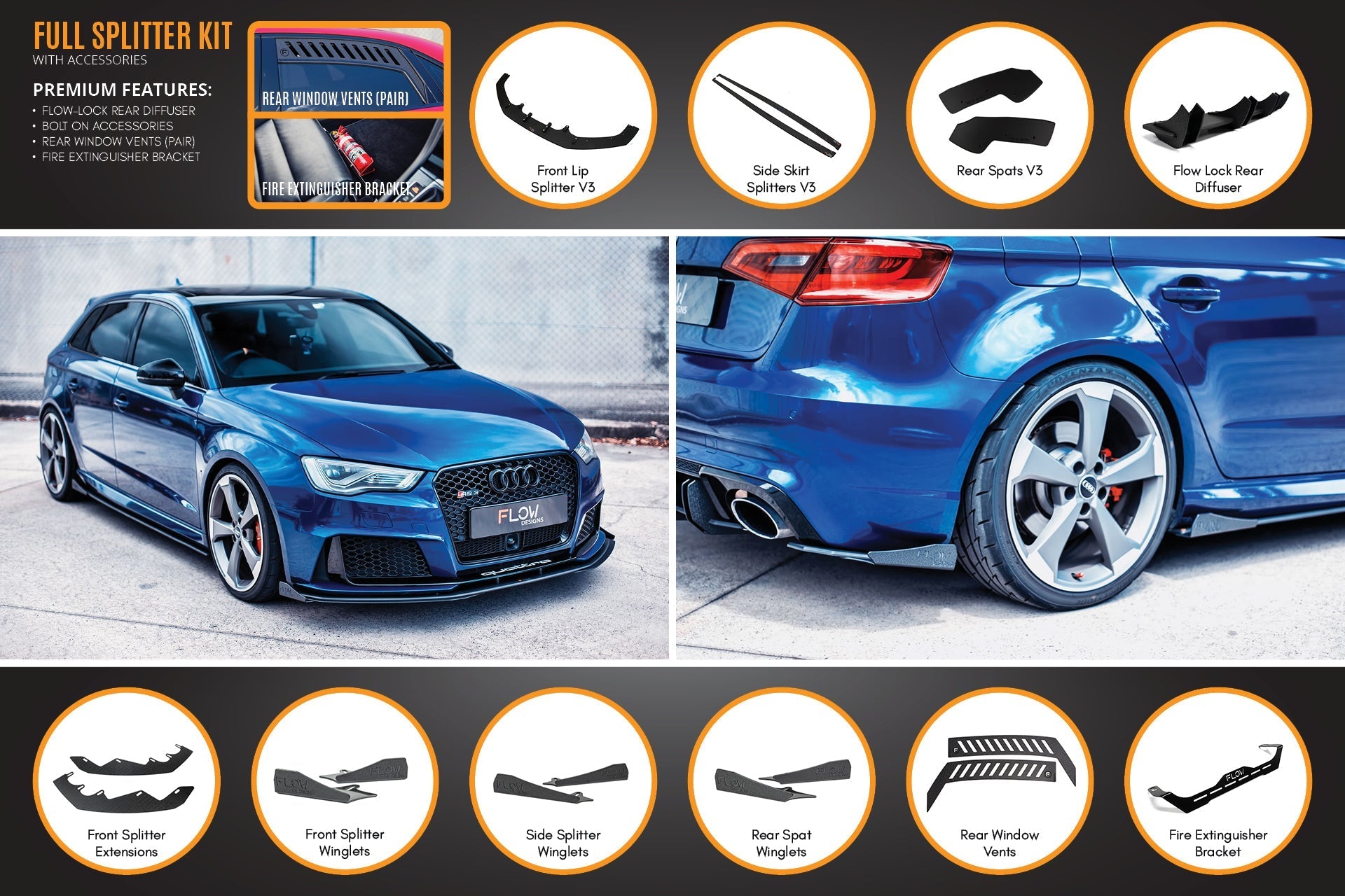 FLOW Designs  RS3 8V Sportback (Pre-Facelift) Full Lip Splitter Set - MODE Auto Concepts